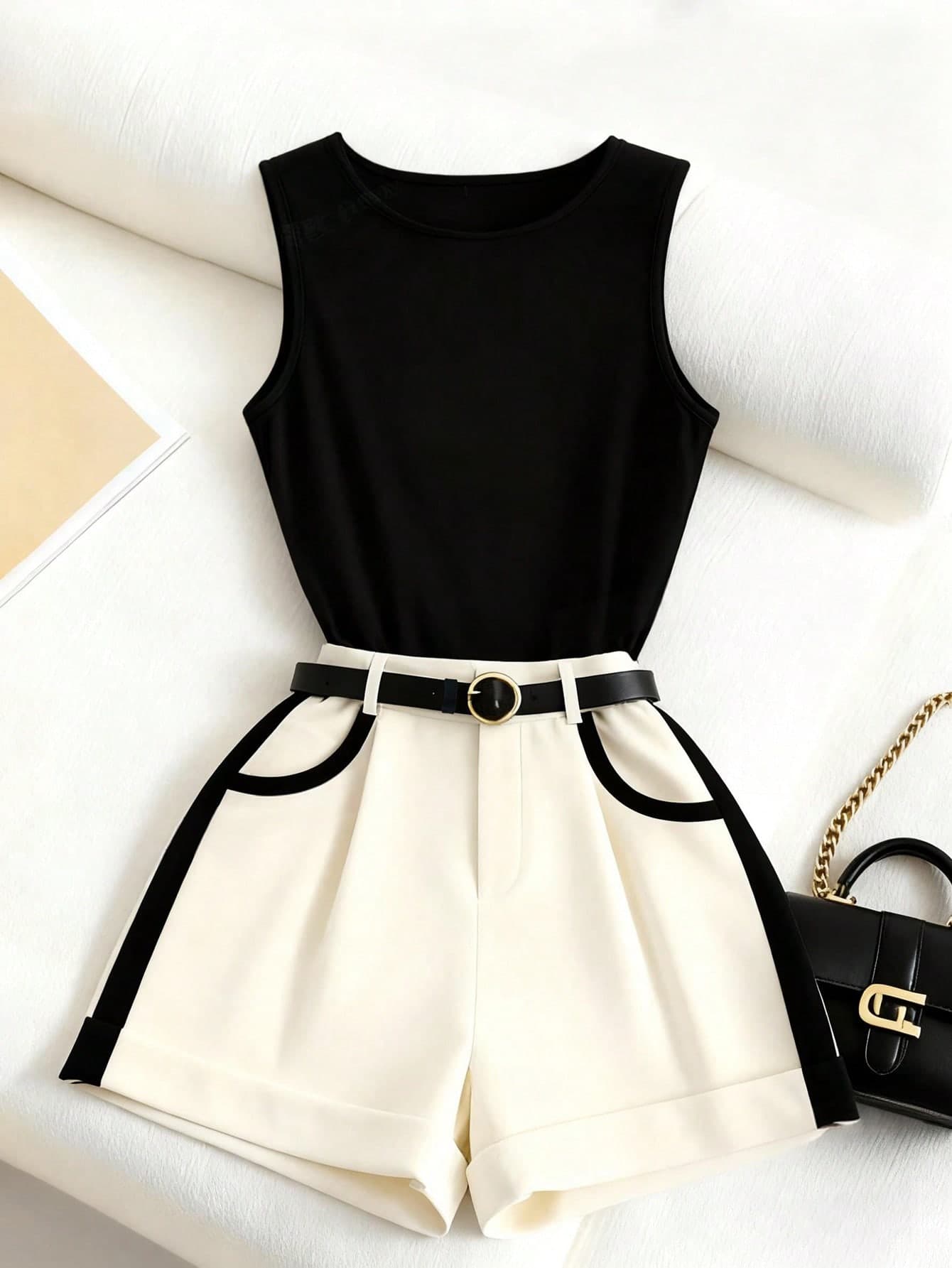 SHEIN Franclia Elegant Women's 2-Piece Set,Sleeveless Crew Neck Knit Top With Contrast Trim Shorts & Belt,Black And White Summer Outfits For Brunch Vacation Party