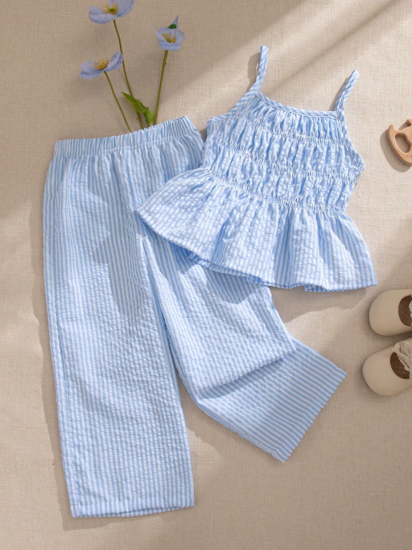 Souflis Souflis French Style New Girls Toddler Light Blue Cute Sweet Striped Camisole And Flowy Wide Leg Pants Set, Suitable For Outings, Casual Wear Summer Sets
