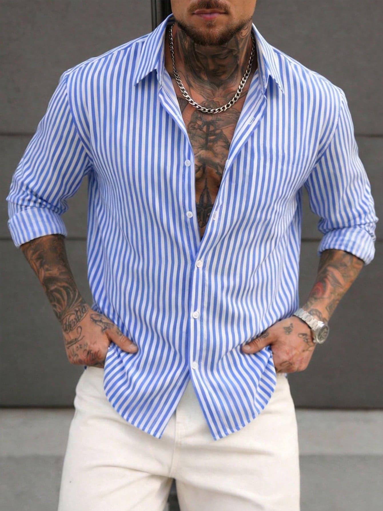 Manfinity CasualCool Men's Simple Blue And White Striped Woven Shirt