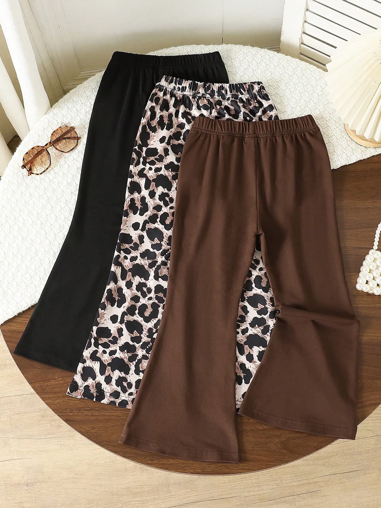 SHEIN Genkimix Kids 3pcs Girls Flare Pants Set,Black,Leopard Print & Brown,Back-To-School Summer Casual Sweet & Cool Elastic Fitted Pants For Spring/Autumn Layering
