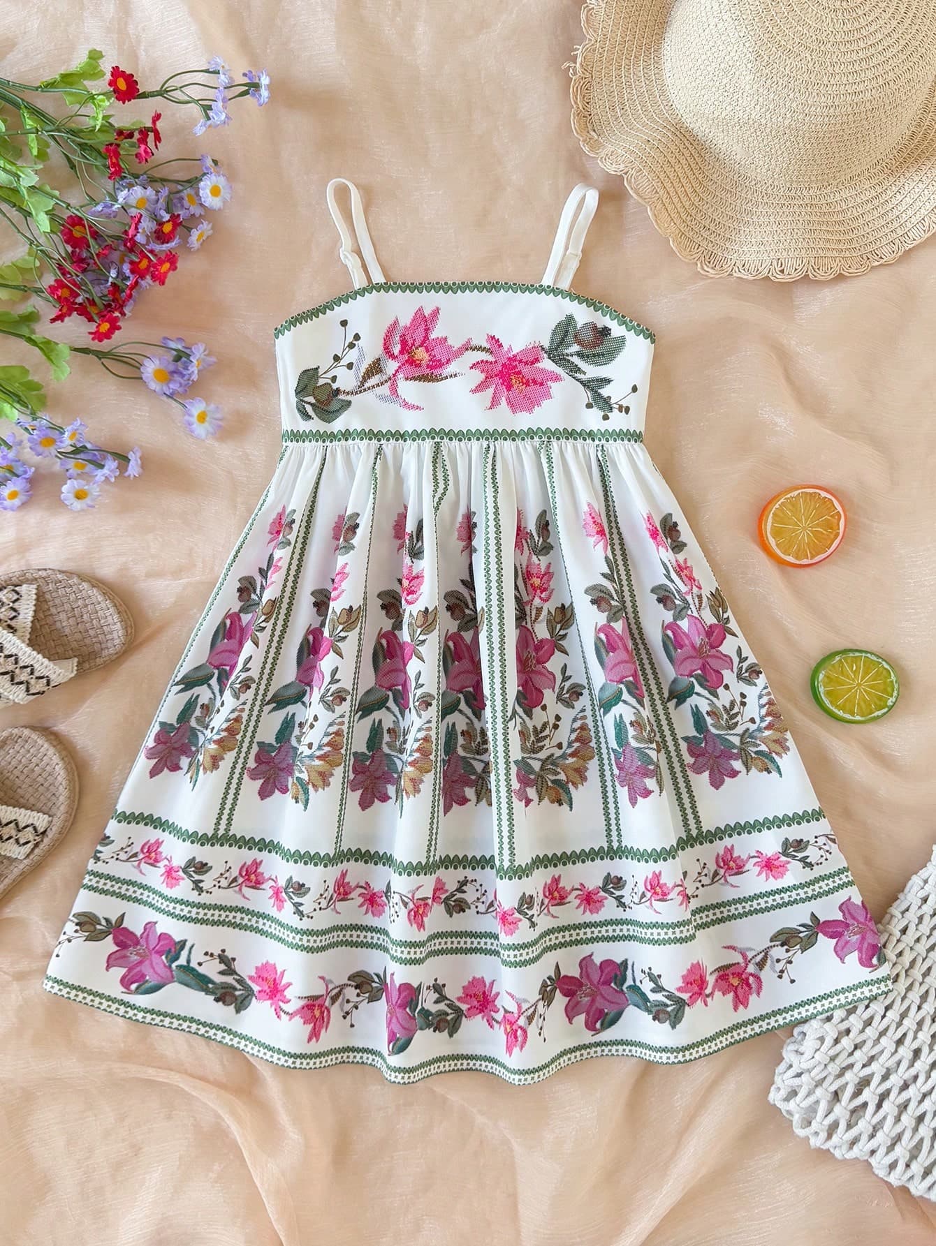 SHEIN Young Girl Cute White Floral Print Ruffle Hem Dress,Summer Holiday Matching Family Vacation Flower Sundress,Kids European Vintage Style Casual Dress