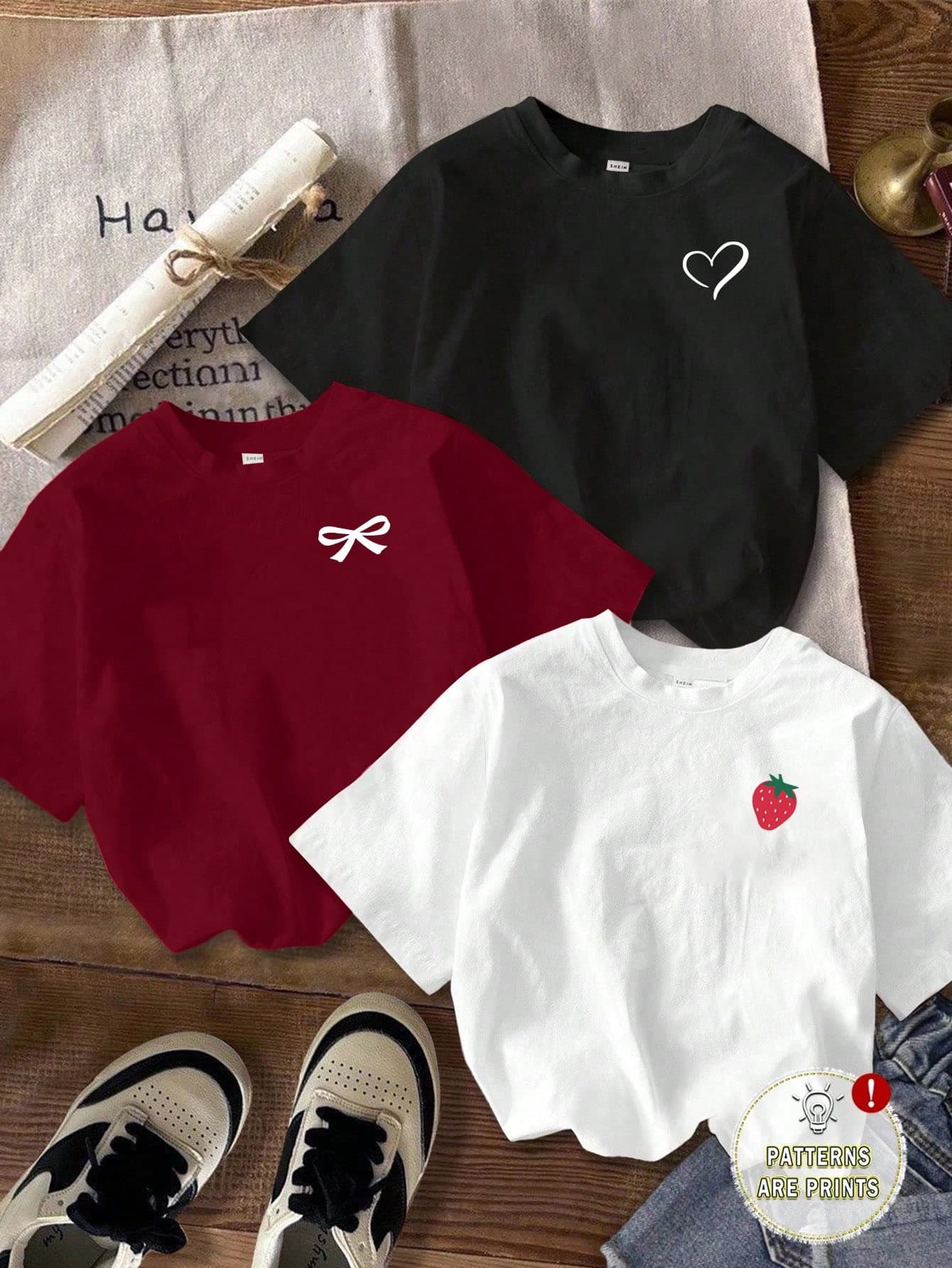 Attitoon 3pcs/Set Casual Minimalist Pattern Round Neck Short Sleeve Cropped Women T-Shirt With Heart, Bow, Strawberry Print