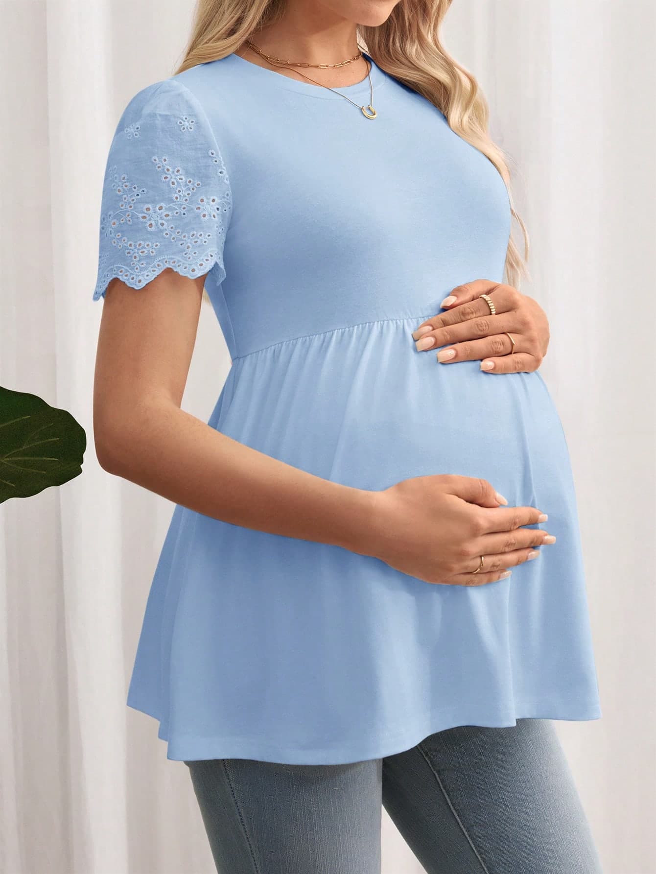 SHEIN Maternity Eyelet Embroidery Sleeve Peplum Tee