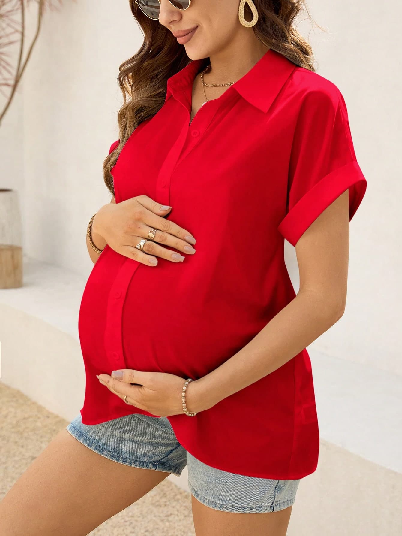 SHEIN Maternity Solid Color Front Button Casual Versatile Short Sleeve Shirt