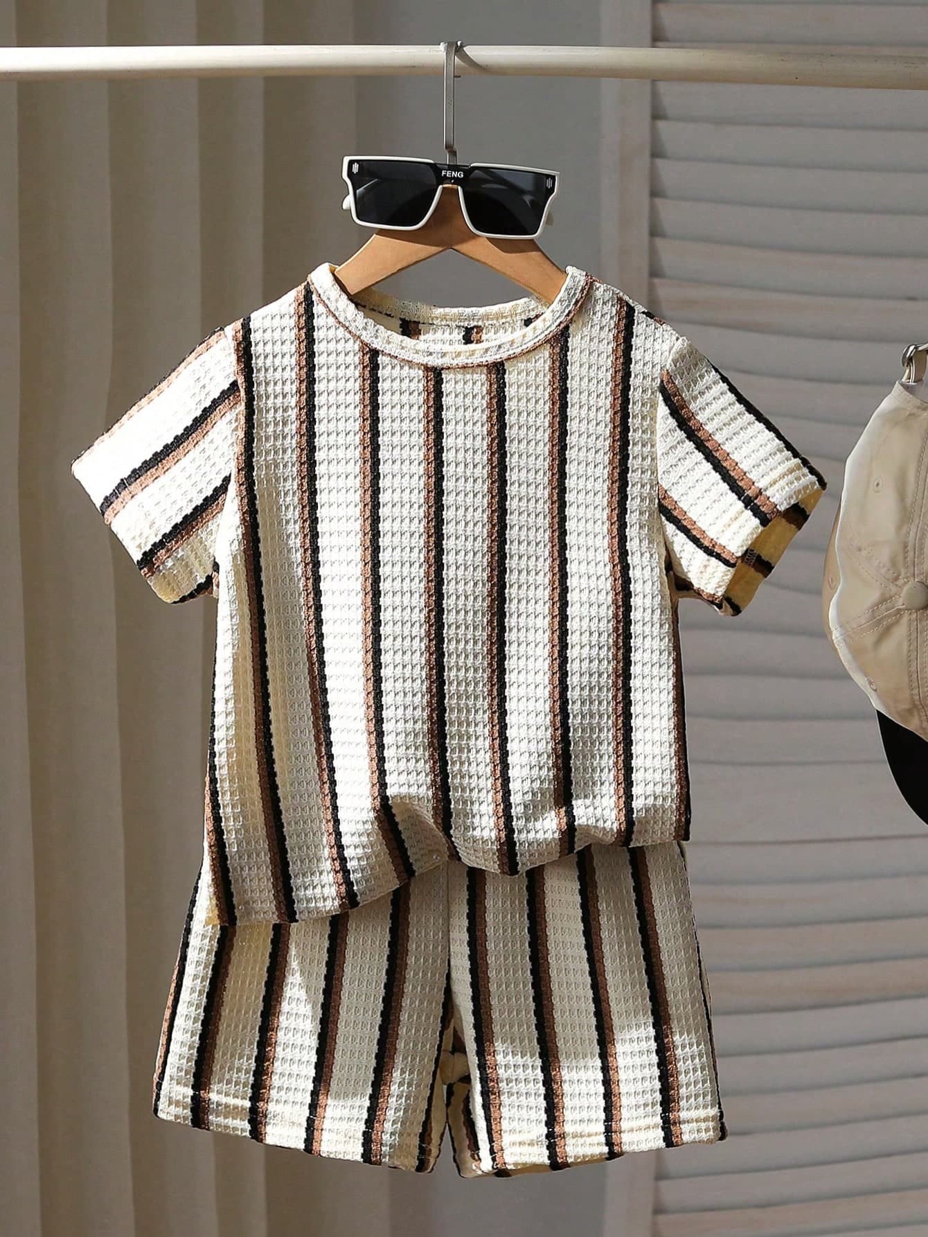 Mirajuku Boys' Summer Waffle Knit Striped Short Sleeve T-Shirt And Shorts 2-Piece Set, Designed For Active Big Boys, Made Of Premium Waffle Fabric, Gentle On Delicate Skin, Unique Waffle Texture Adds Style, Simple Crew Neck Design For Easy On And Off, Colorful Striped Pattern On Chest Full Of Energy