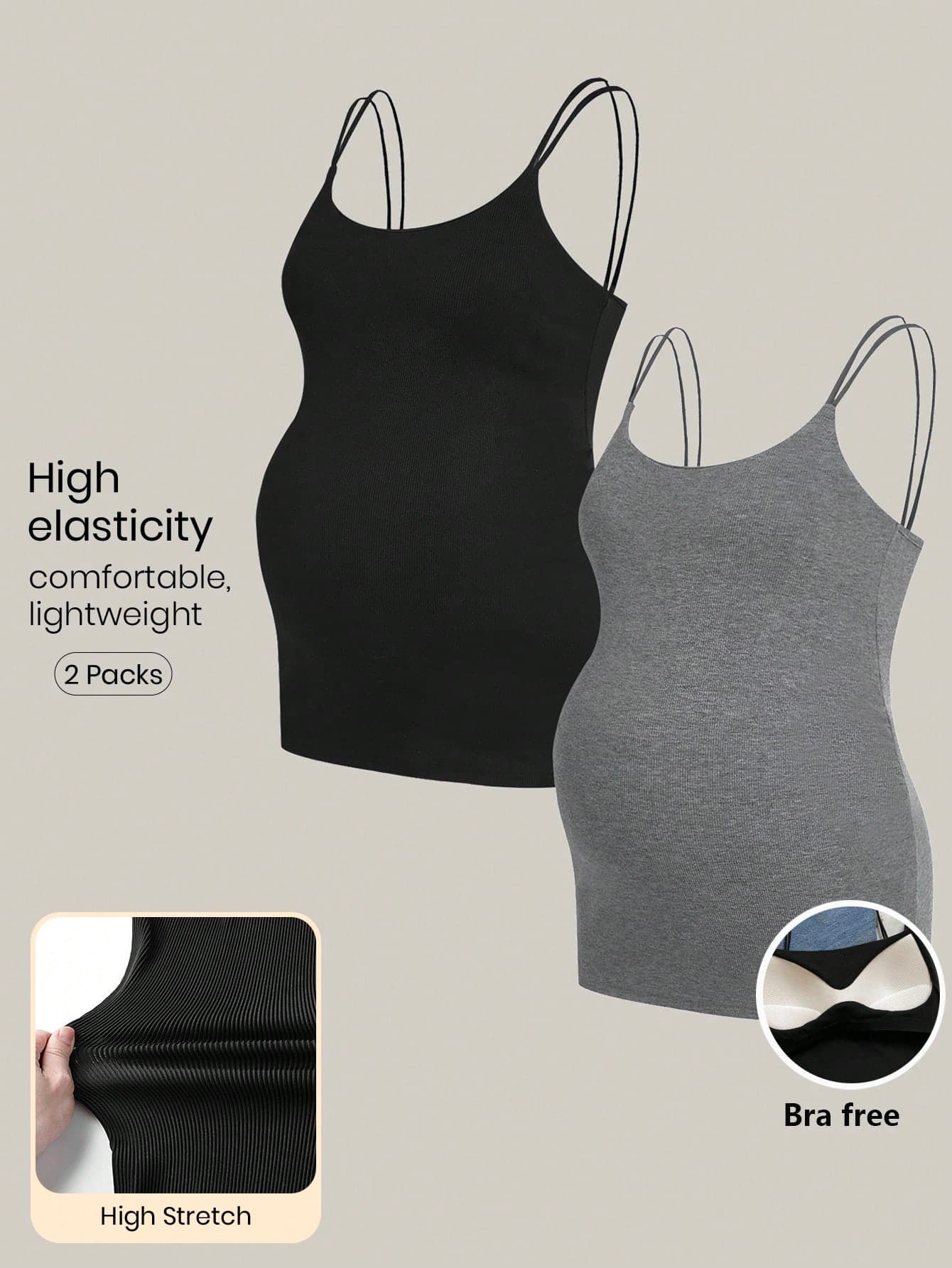 Modmama Maternity 2pcs Black Summer Casual Everyday Solid Camisole Top,High-Elasticity Slim-Fit Nursing Tank Top With Built-In Bra Padding,Spaghetti Strap