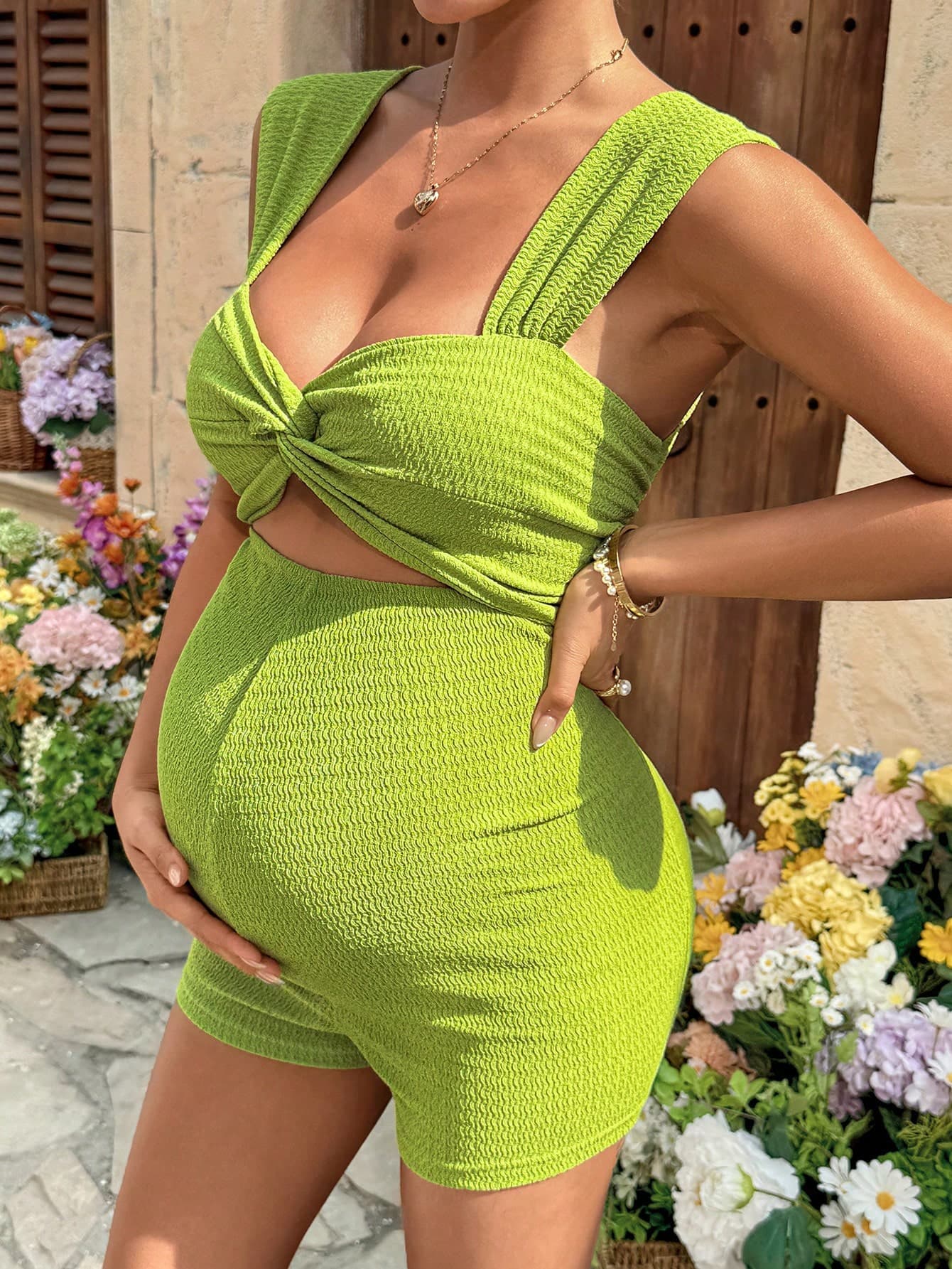 Lyckli Maternity Clothes Jumpsuit Summer Pregnant Green With Cutout Front, Perfect For Dates, Beach Trips, Soft And Comfortable Relaxing Vacations