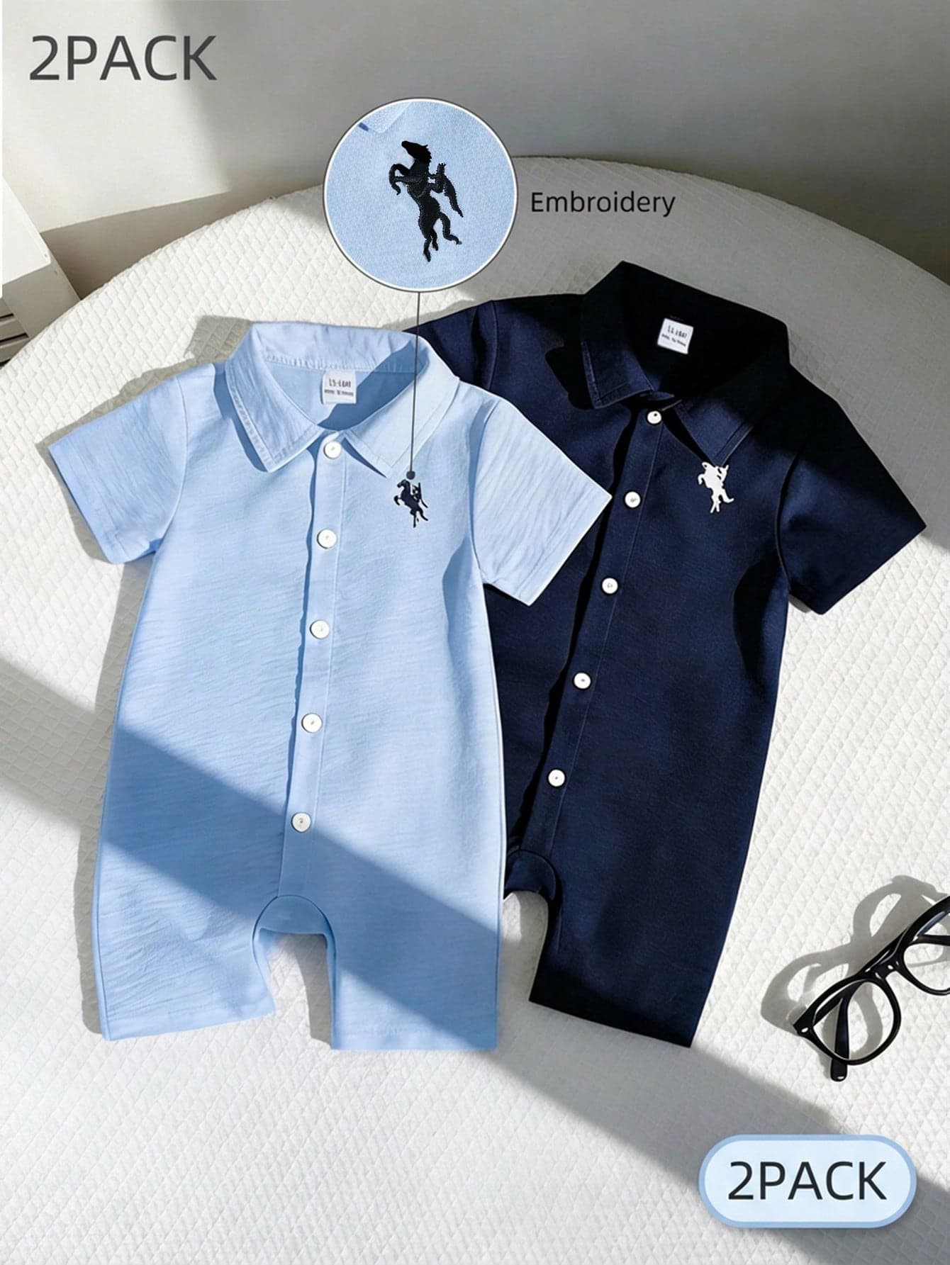 SHEIN Playful Pals 2pcs Baby Boy Navy Blue Summer Casual Family Matching Rompers Set Solid Color Textured Polo Collar Short Sleeve Embroidered Animal Romper