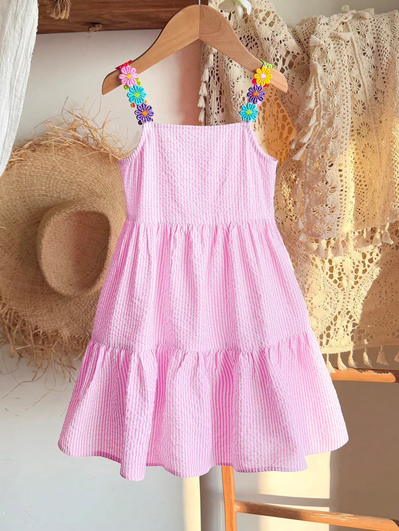 SHEIN LMoss Kids Young Girls Pastel Pink Summer Fairy Dress, Colorful Floral Ribbon Patchwork Striped A-Line Bubble Sundress For Matching Family Vacation & Holiday