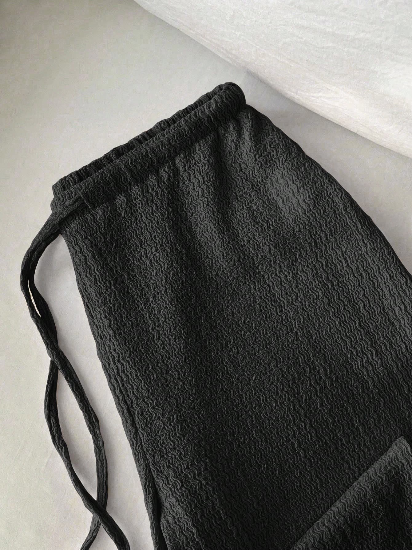 Flirla 2026 New Women's Retro Textured Casual Low-Waist Loose Fit Straight Leg Pants, Slimming & Versatile Deep Gray Drape Trousers Drawstring Pants