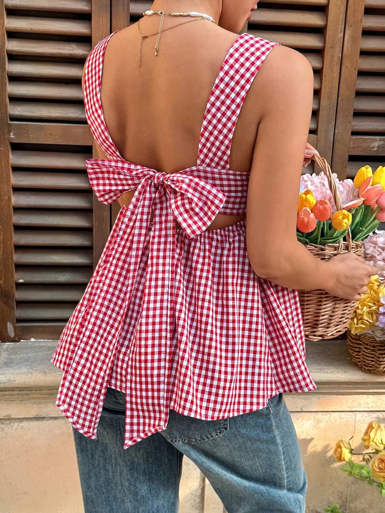 Lyckli Maternity Clothes Tops Summer Pregnant Red And White Plaid Shirt, For Dates, Comfortable Casual Vacations