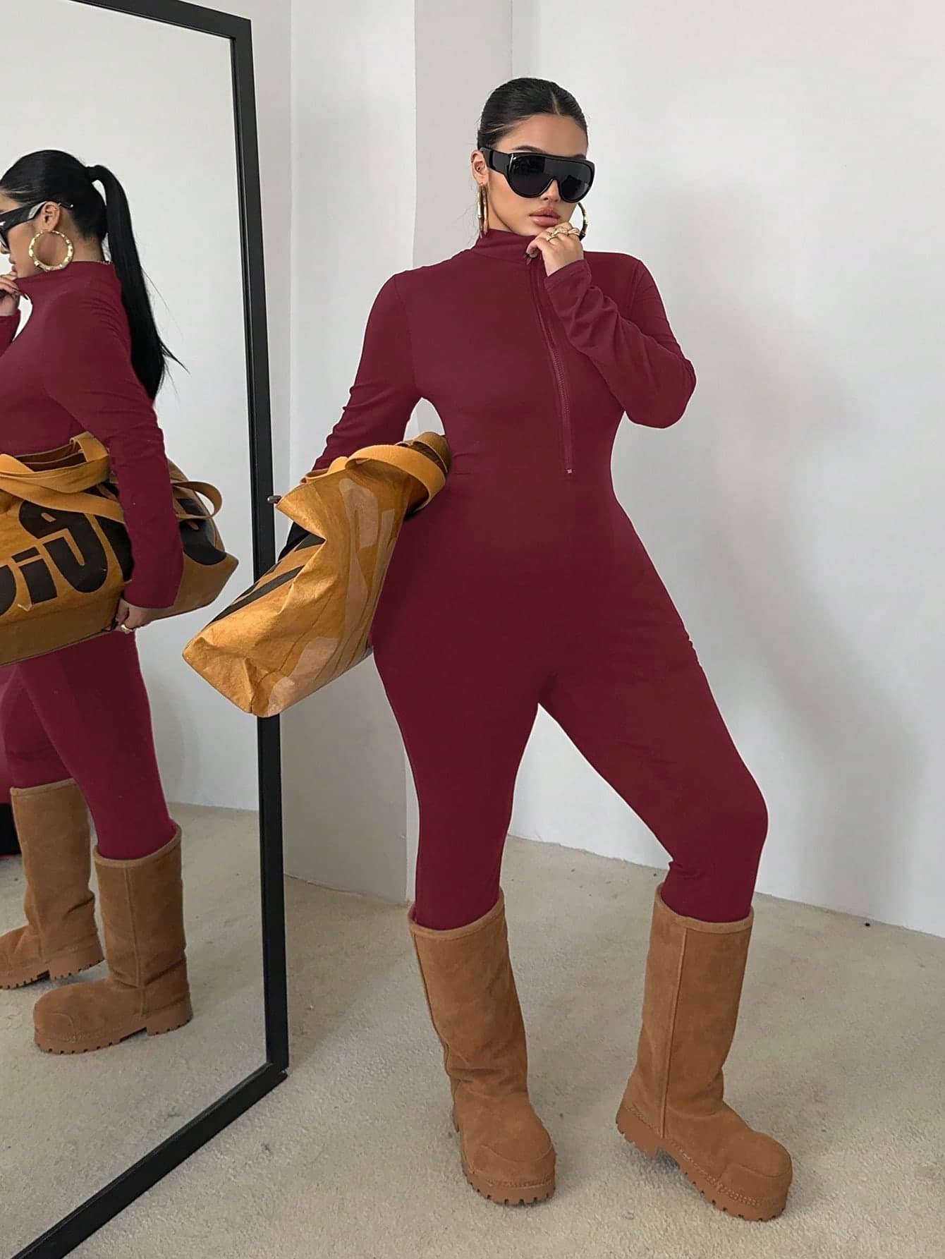POPSWAY Plus Size Black Long Sleeve & Pants Jumpsuit, Front Zipper, Waist Cinched, Slim Fit, Solid Color, Versatile, Daily Wear