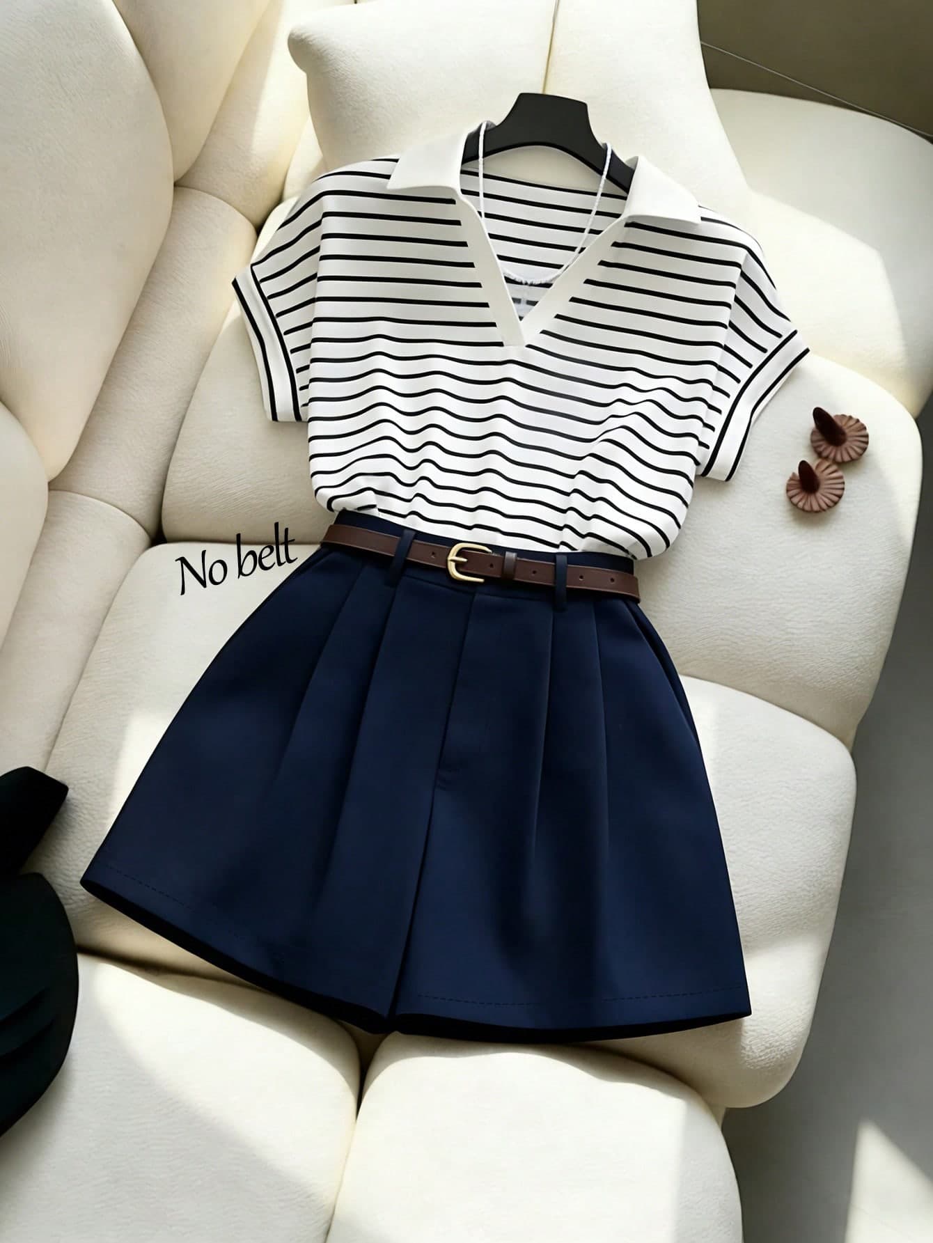 Franclia Women's Summer Elegant Blue And White Stripe Polo Collar Batwing Sleeve Knit T-Shirt & Royal Blue Shorts Set,School Back-To-School Preppy Clothes