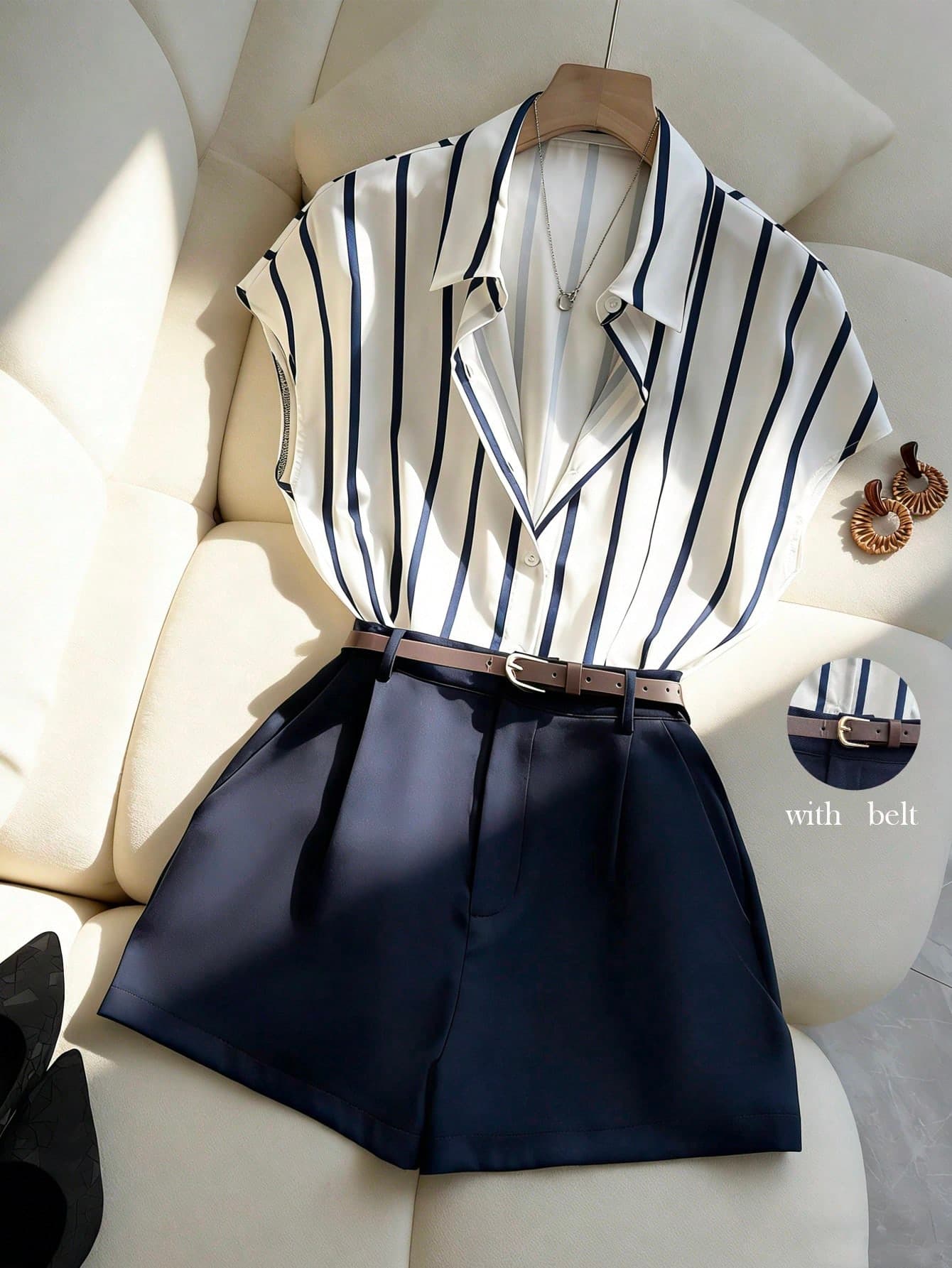 Franclia Navy Blue And White Summer Casual Elegant Office Women's 2 Pieces Set,Striped Bat Short Sleeve Blouse & Wide Leg Shorts With Belt,Commuting Suit