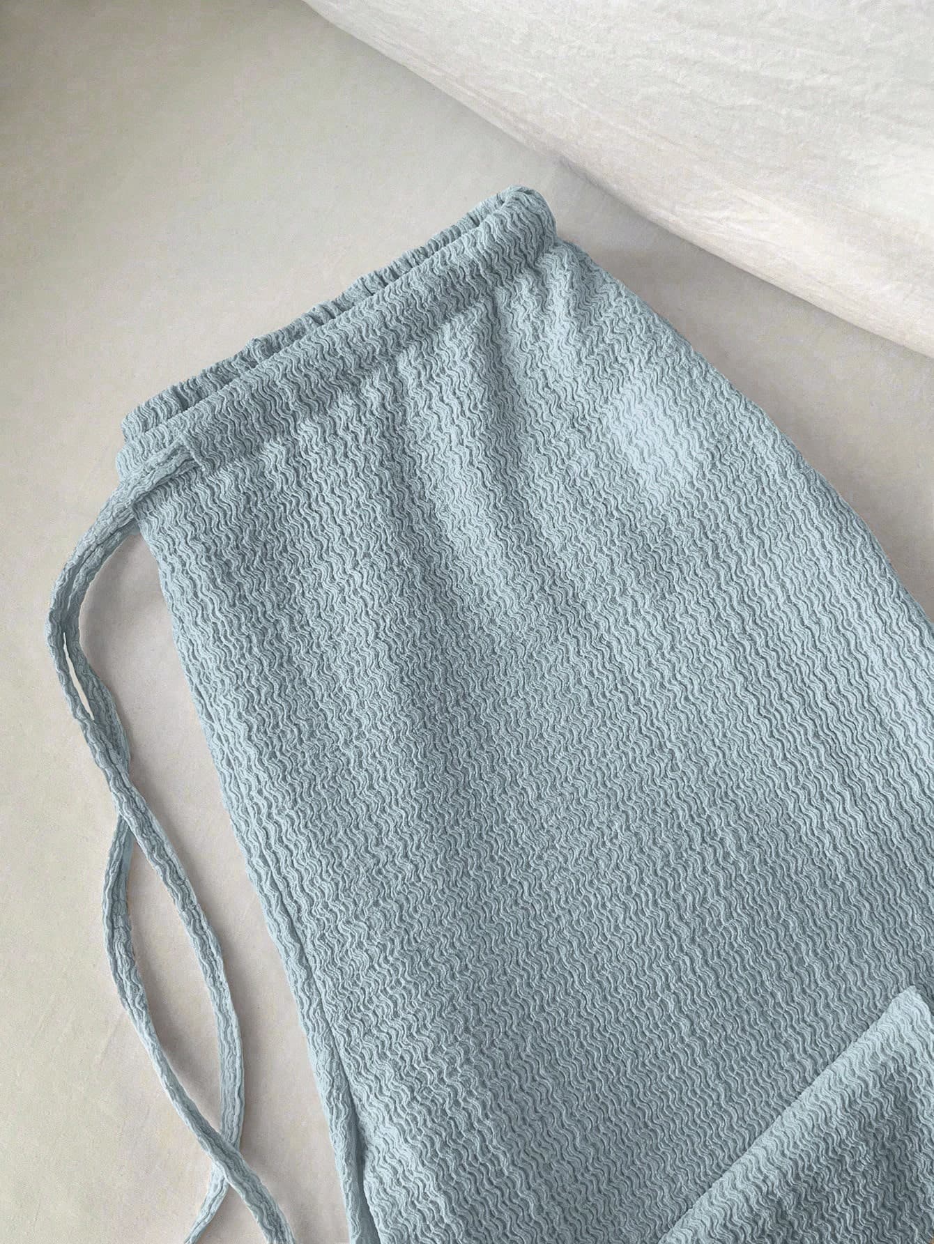 Flirla Women's Casual Blue Knitted Straight Leg Pants With Drawstring Extra Long For Everyday Wear