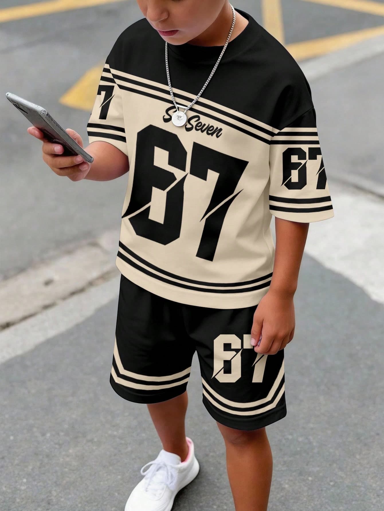 SHEIN Tween Boy Black Summer Casual Streetwear City Break Back-To-School Crew Neck Short Sleeve T-Shirt And Shorts Set,Sports Typography Number 6,7 Print