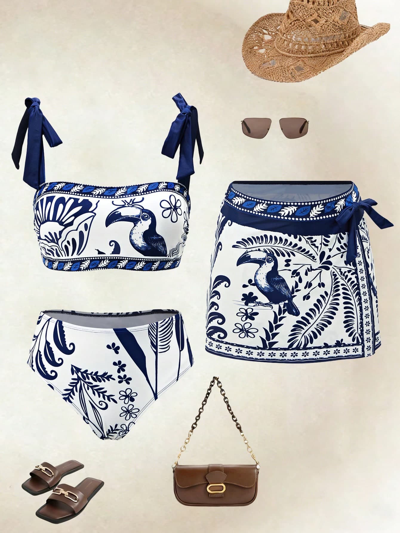 Swim Oasis Women's Tropical Shell Print White Blue Summer Boho Casual Beach Vacation Holiday 3 Pieces Set,Parrot Print Swimwear&Skirt,Elegant 2026 New Arrival