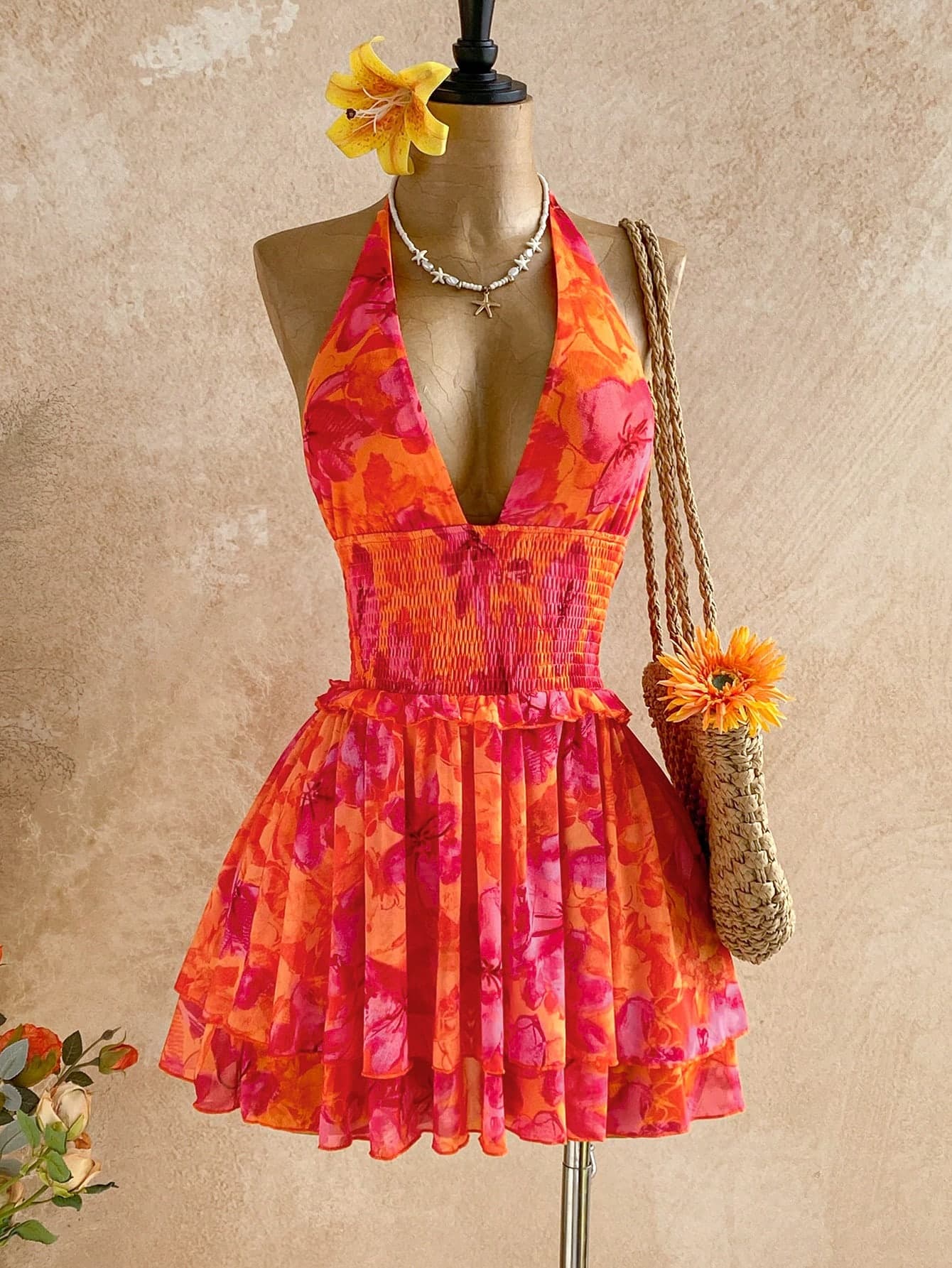 Soleia Women's Floral Print Waist Tie Halter Mini Dress,Orange And Pink,Summer,Boho,Holiday,Vacation,Holiday,Tropical Beach Outfits,Cute Retro Carnival Dress