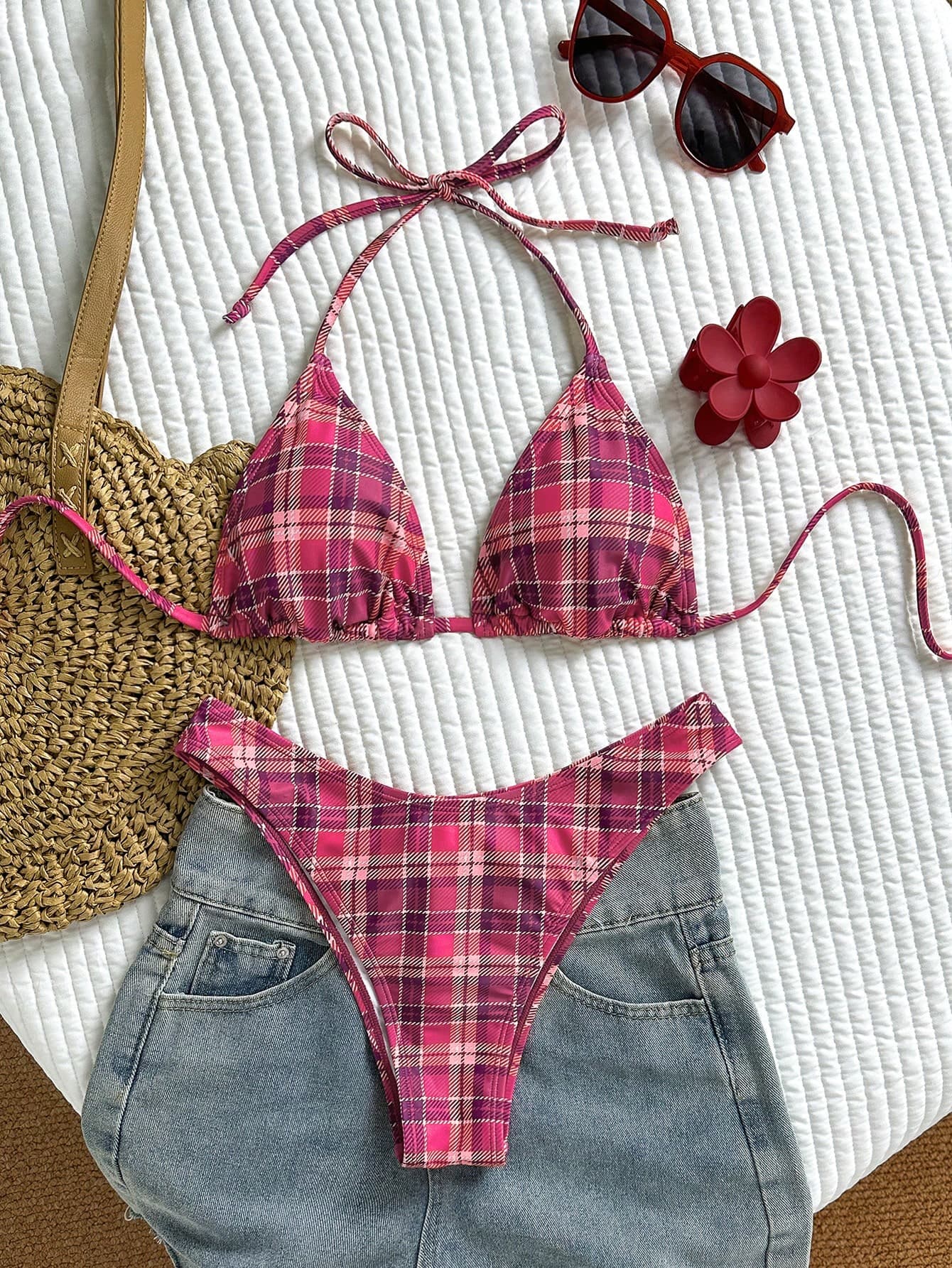 Swim Mod Women's Plaid Halter Tie Bikini Swimwear Set,Pink Summer Cute Beach Party Holiday Holiday Gingham Checkered Plaid Two Pieces Set Summer Beach