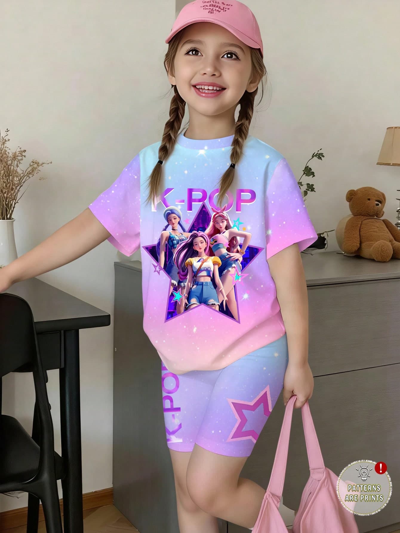 SHEIN Elladie kids 2pcs/Set Young Girls' Casual Summer Sweet Short Sleeve T-Shirt & Tight Shorts,Metallic English Star Purple & Blue Galaxy Print Skin-Friendly Clothing