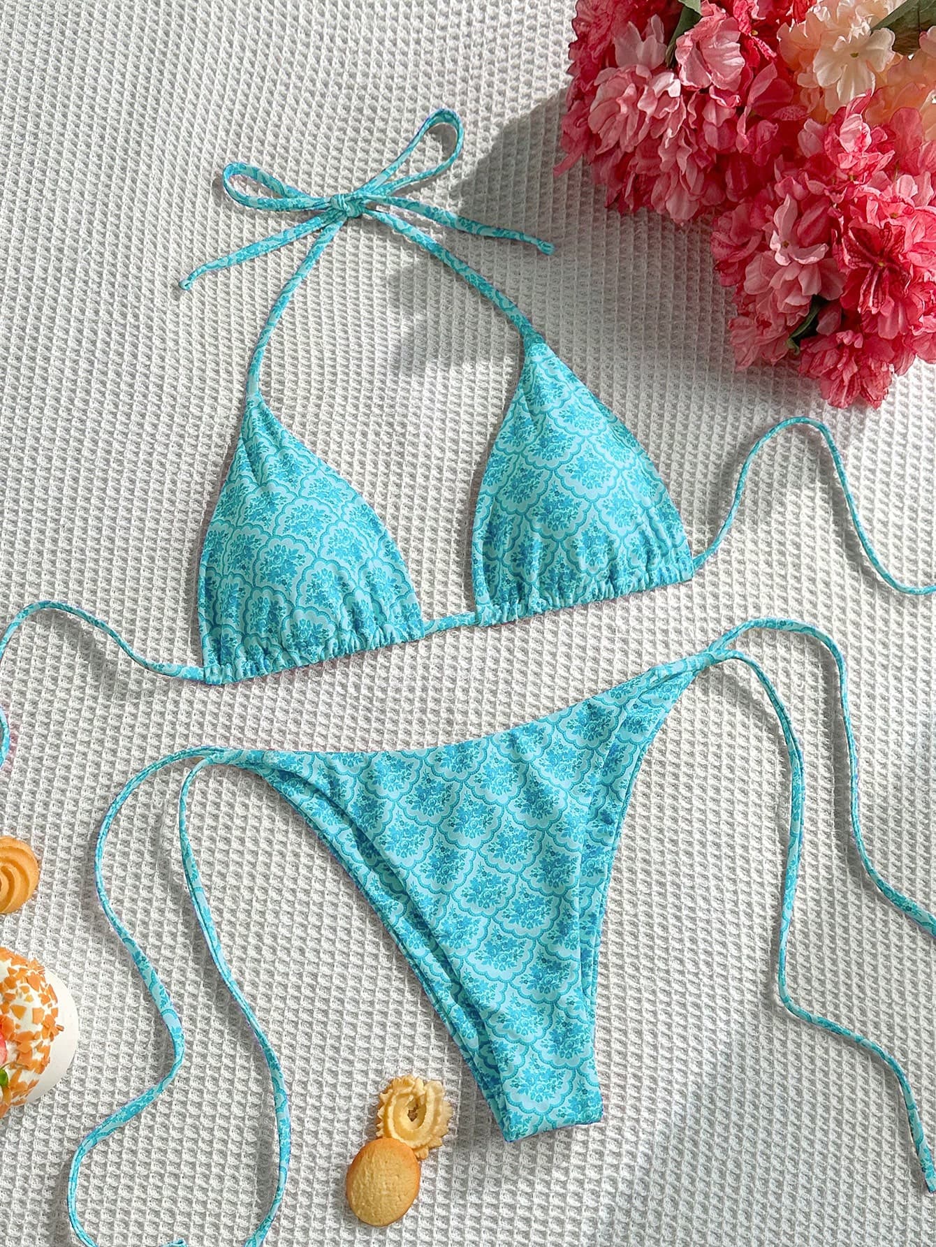 Swim Mod Women's Bikini Swimwear Set Light Blue Floral Print Halter Tie Summer Beach Casual Holiday Vacation Holiday Bohemian Boho Western New Arrival