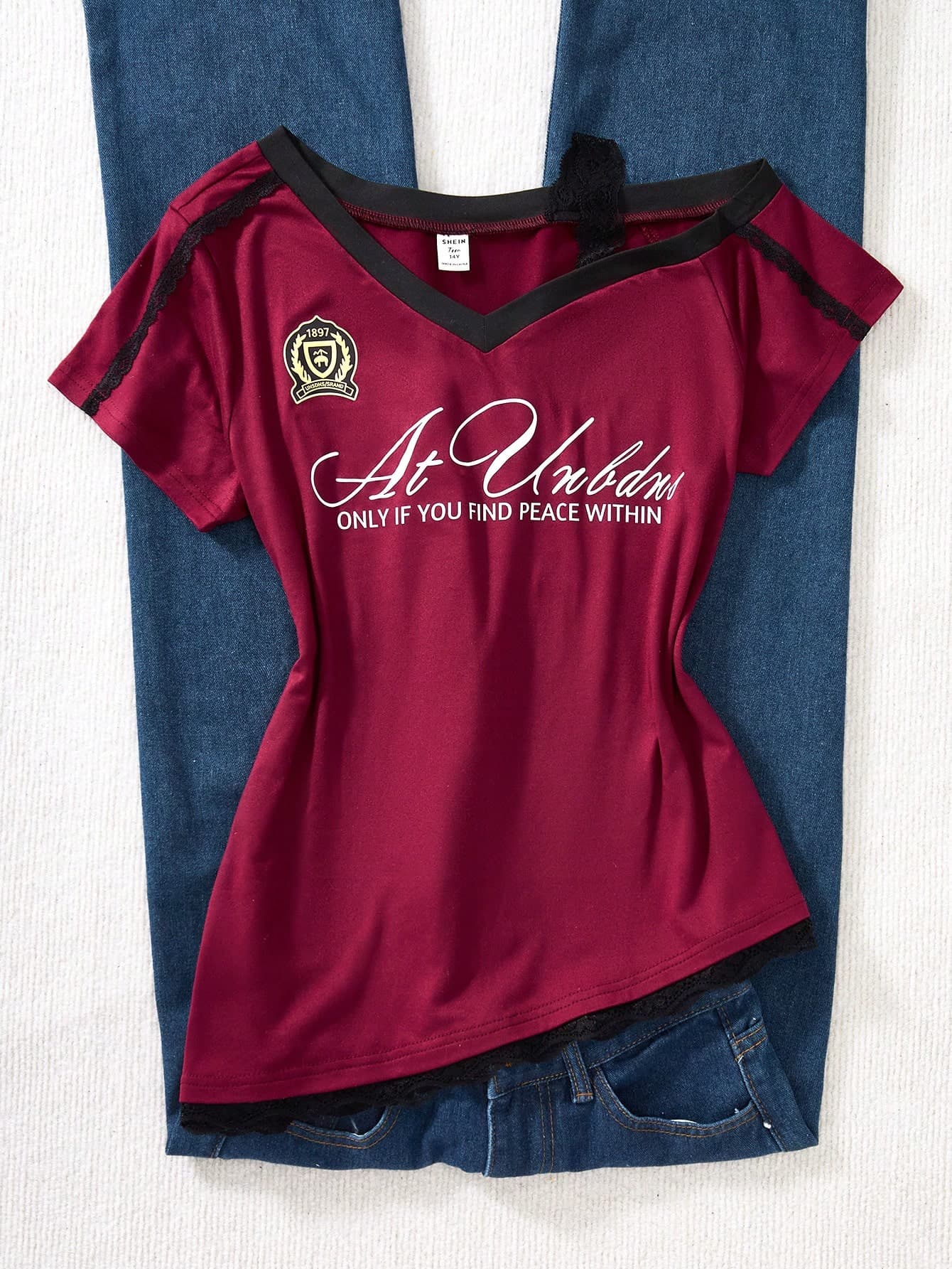 1pc Sweet & American Style Fitted Patchwork Contrast Color Floral Print T-Shirt With Lace Trim, Summer