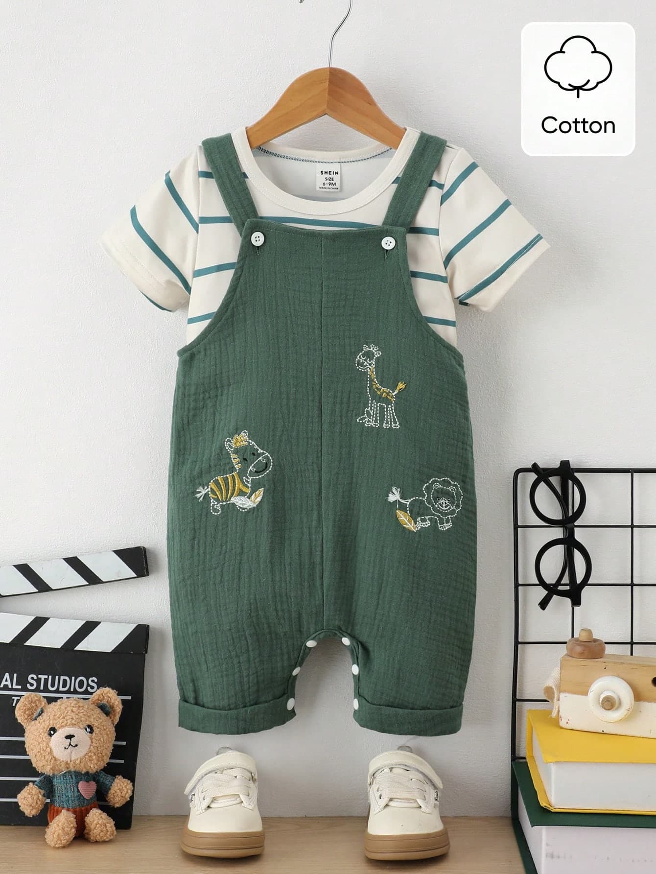 SHEIN Vintaside Kids Baby Boy Cute Animal Embroidered Short Sleeve Top And Overalls Set, Summer