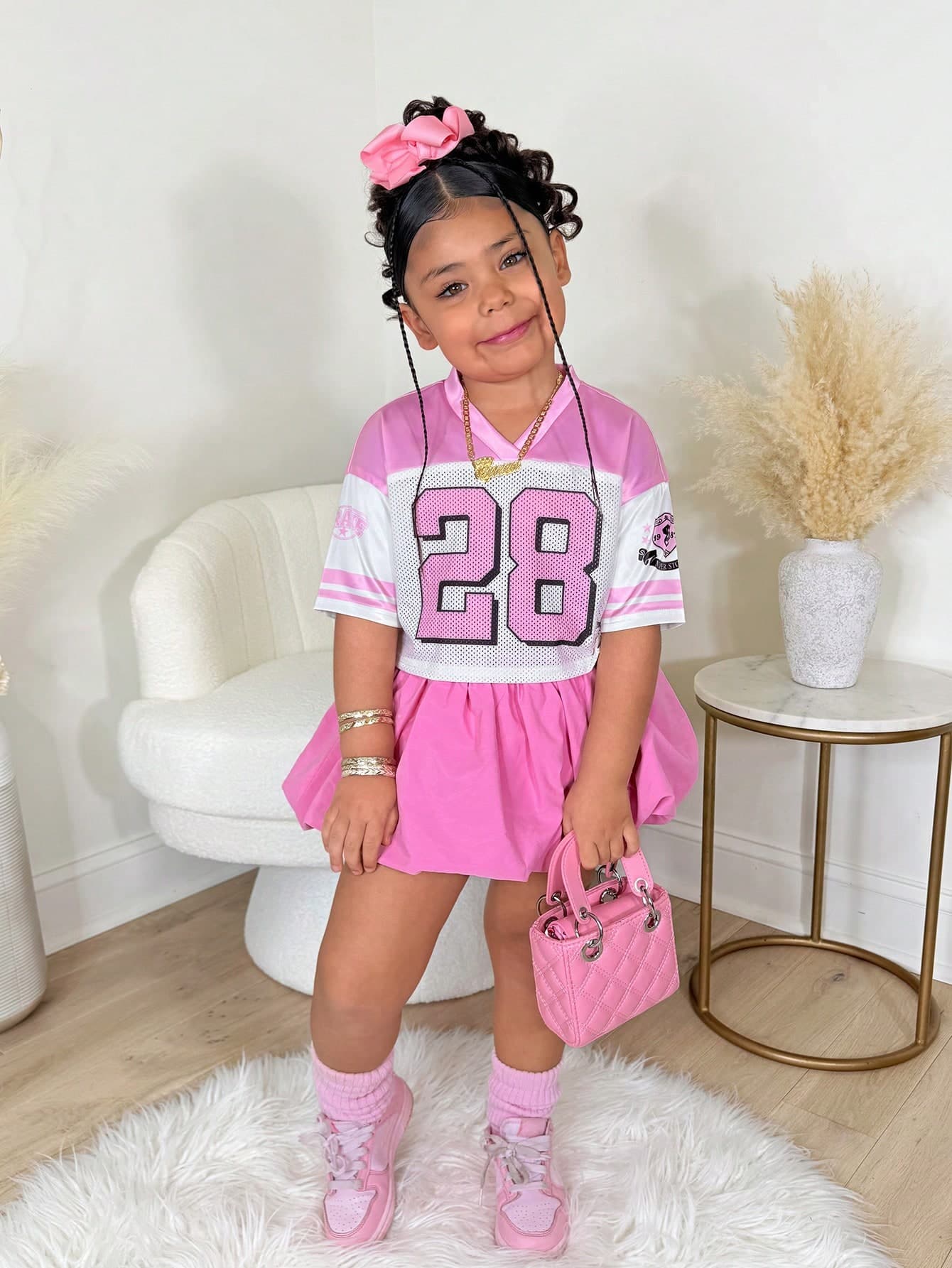 Young Girl 2pcs/Set Fashion Sports Casual V-Neck Short Sleeve Graphic Print Top + Pink Bubble Skirt Outfit, Spring/Summer