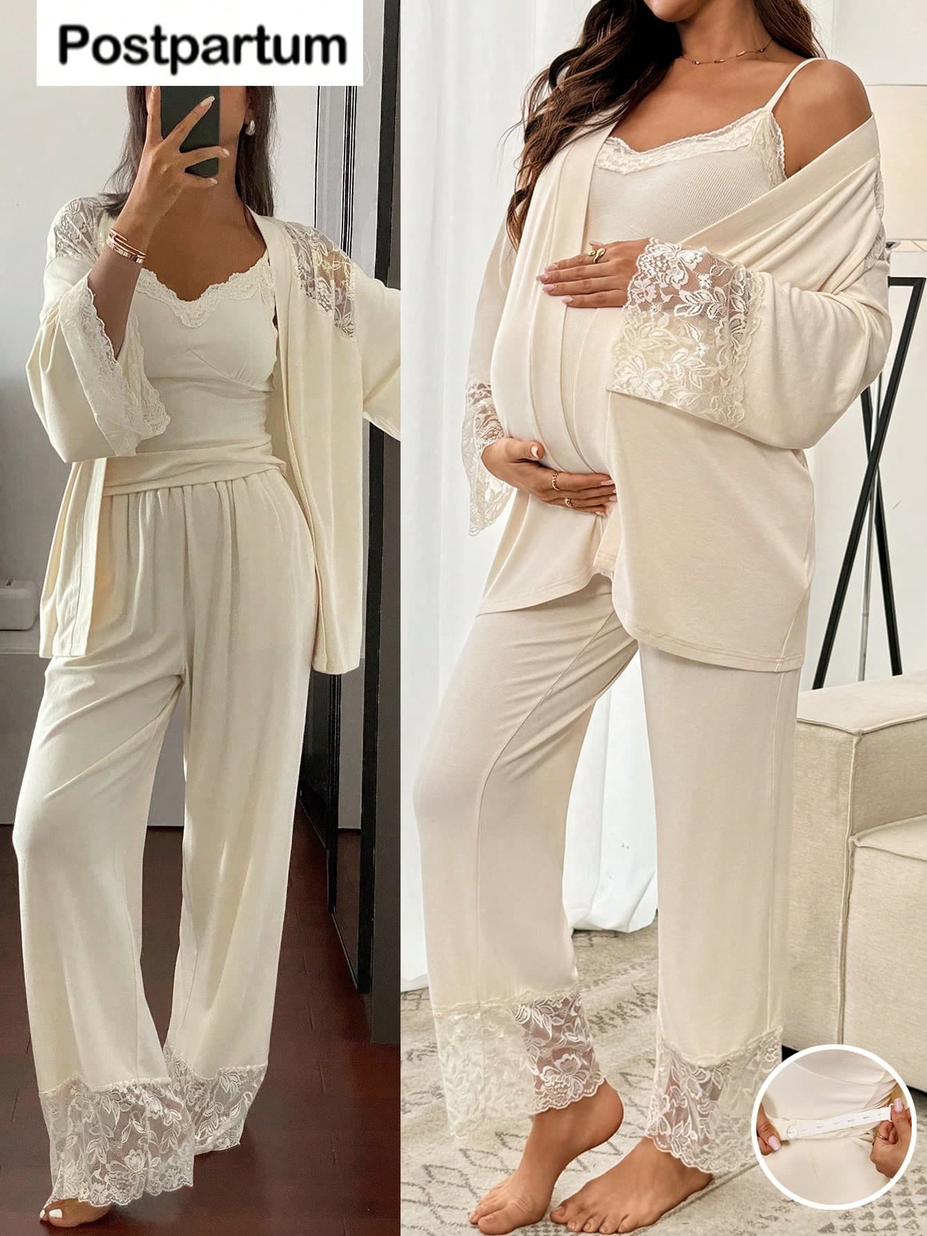 Slowluna 3pcs Maternity Set: Solid Color Lace Patchwork Jacket, Camisole, And Pants Fall
