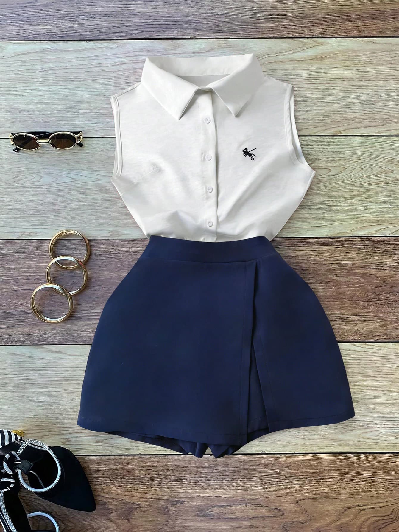 GlowEve Women's Summer Casual Knight Embroidery Front Button Sleeveless Shirt And Skirt Pants 2-Piece Set