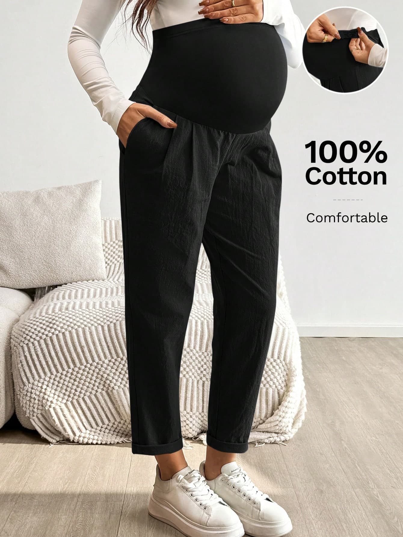 SHEIN Maternity Casual Solid Color Adjustable Waist Pants Fall