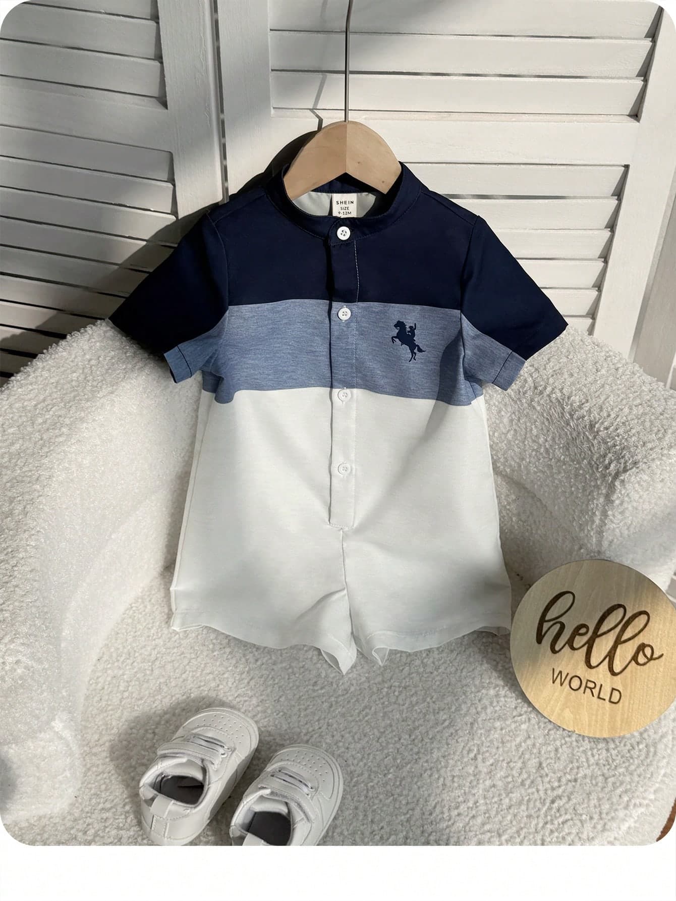 Newborn Baby Boy Color Block Print Short Sleeve Romper,Navy And White Summer Casual Family Matching Single Breasted Collared Shirt And Shorts Set