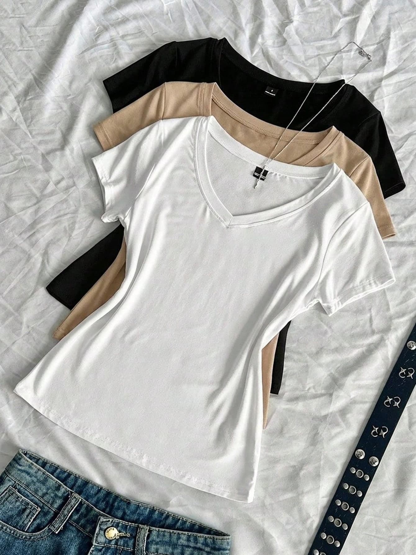 SHEIN EZwear 3pcs Women's Summer V-Neck Tight T-Shirts, Punk Subculture Anime Solid Color Basic V-Neck Short Sleeve Slim Fit T-Shirts