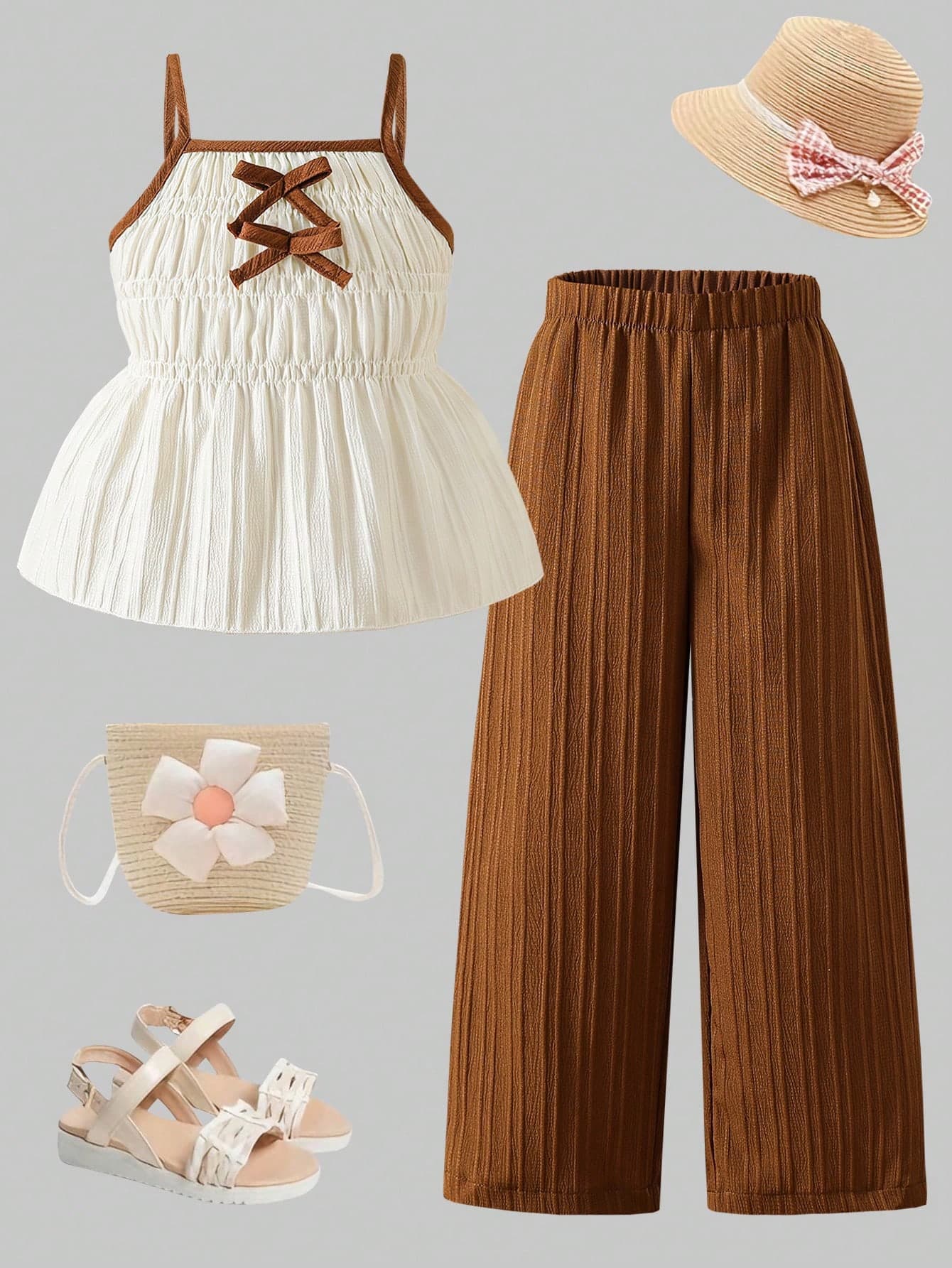 Sparklyn Young Girls 2pcs Set Apricot Pleated Bow Decor Camisole Top+Caramel Brown Striped Wide Leg Pants,Matching Family Vacation Summer Resort Clothes Outfit