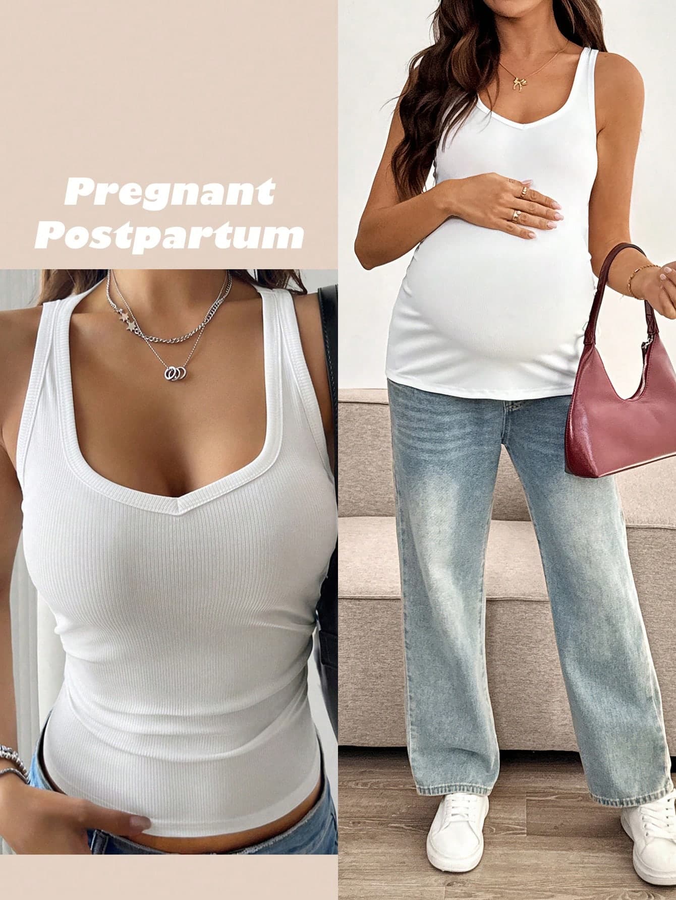 SHEIN Maternity Solid Color Ruched Sweetheart Neck Fitted Fashion Tank Top Summer