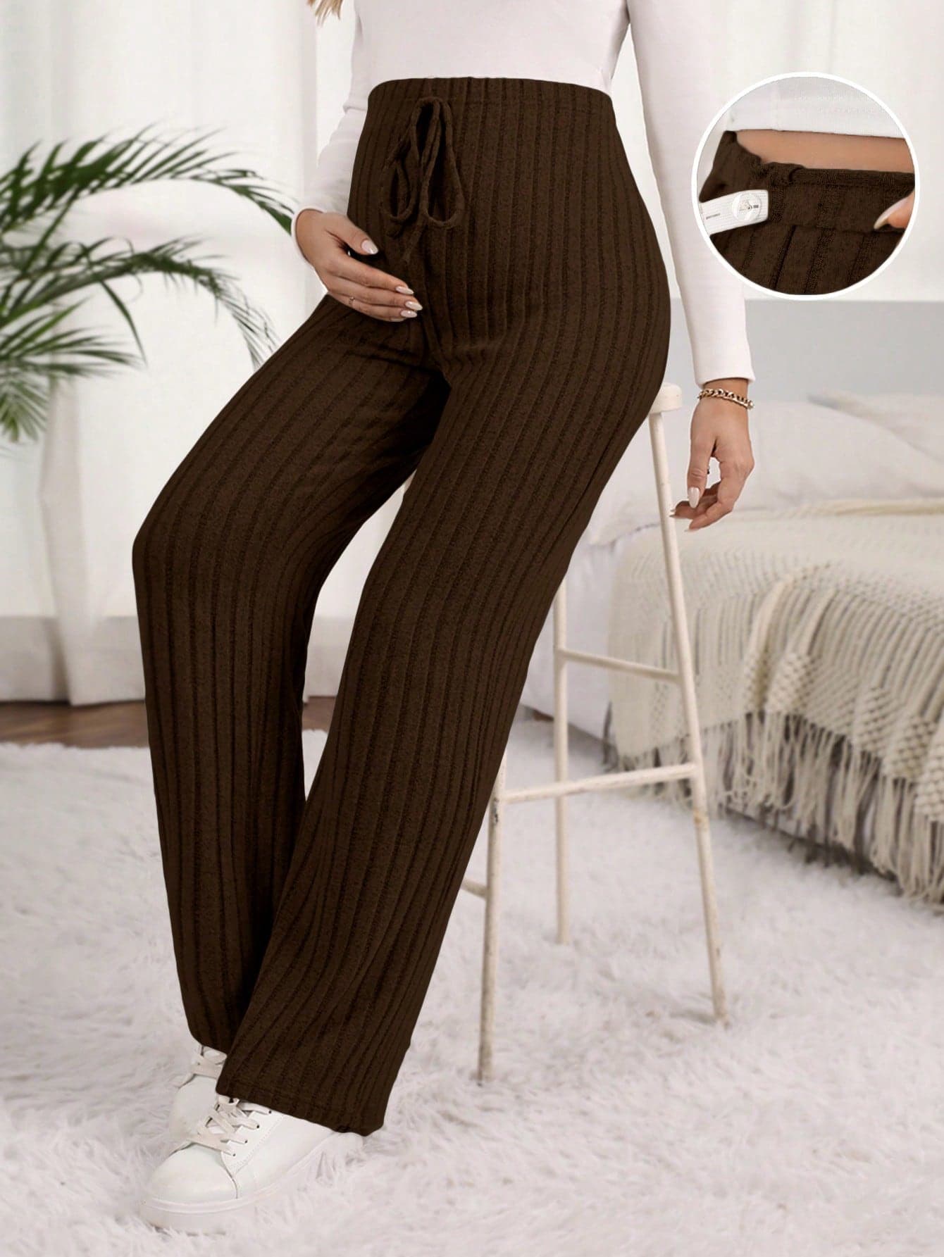 SHEIN Maternity Solid Color Adjustable Waist Ribbed Wide Leg Loose Casual Pants Fall