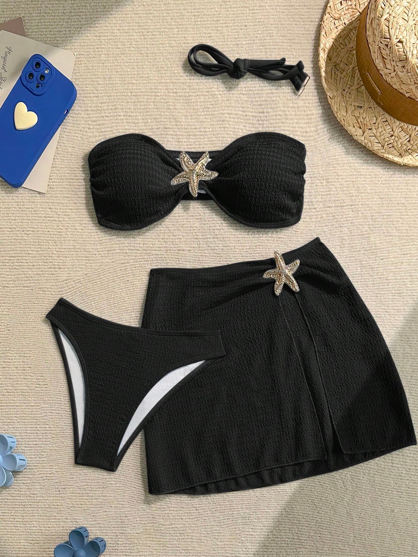 Soleia 3pcs Solid Color Textured Fabric Bandeau Bikini Set, Vacation & Beach