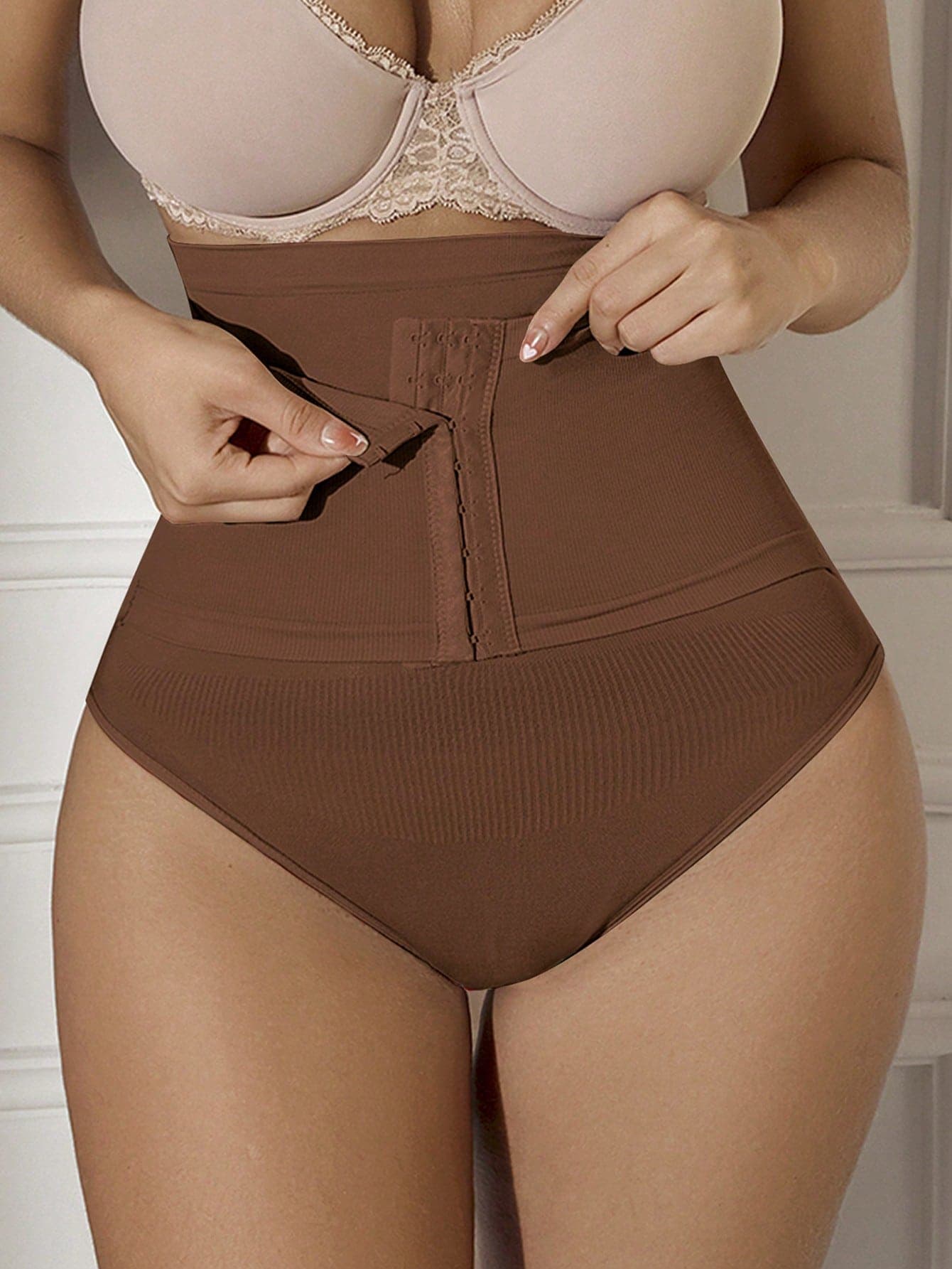 1pc Seamless High Waist Abdomen Control Waist Lifting Shaping Briefs With Front Opening Hook