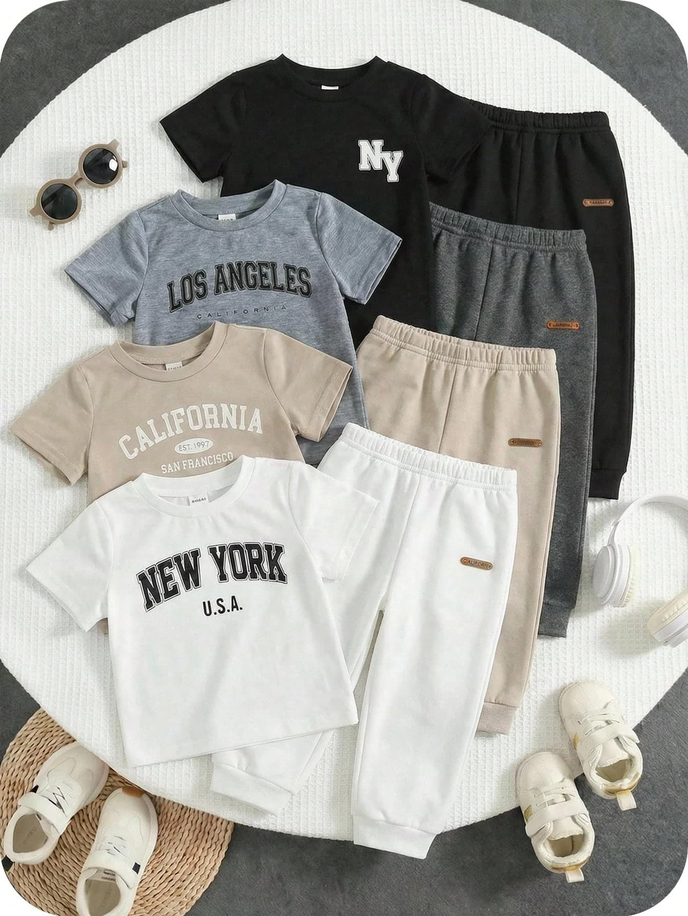 SHEIN 4pcs Baby Boy/Girl Casual Everyday Sports Loose Letter Graphic Round Neck Short Sleeve T-Shirts,White,Summer,Carrer Day,School,Back-To-School,Outings