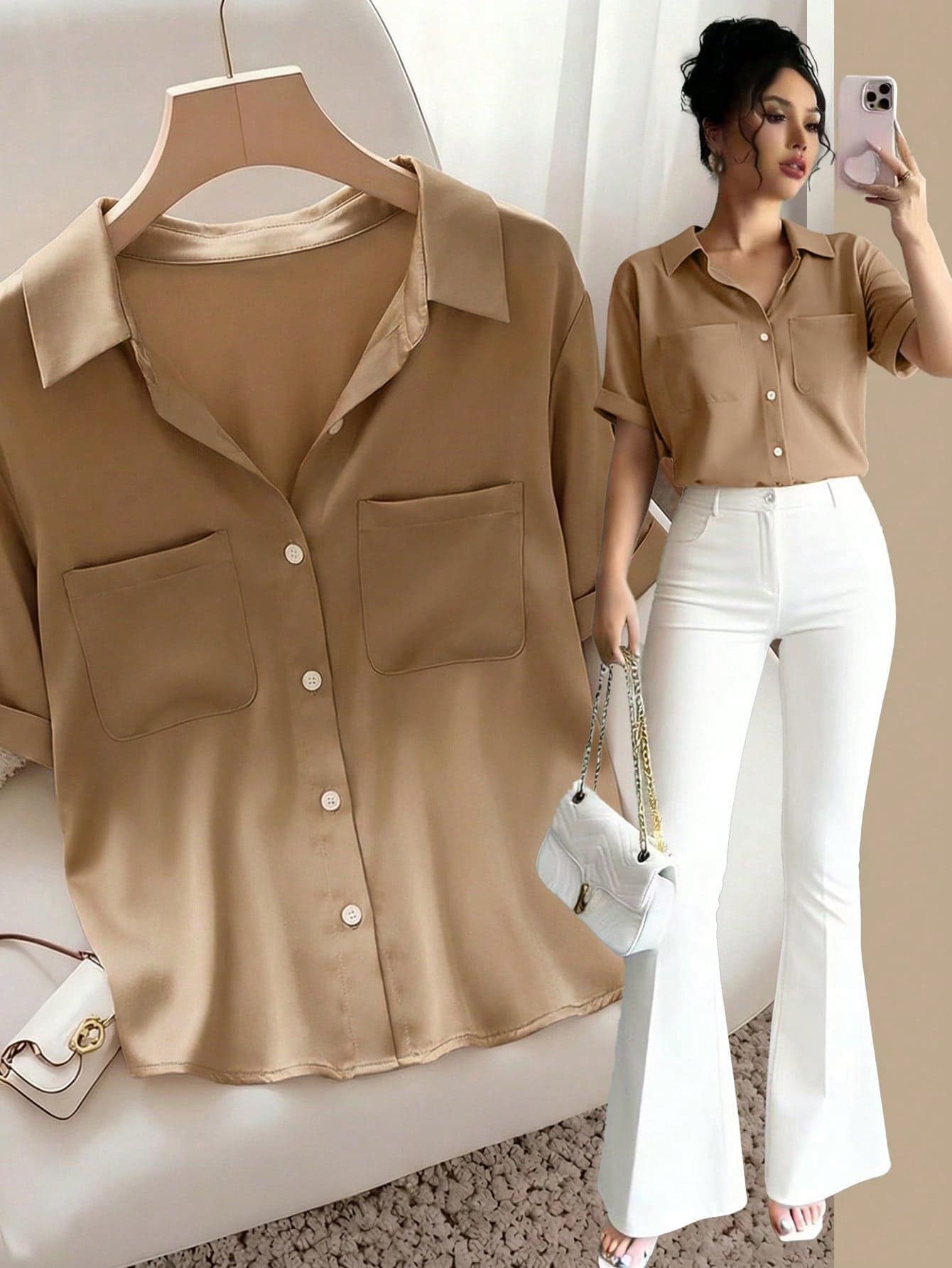 SHEIN Raffinéa Women's French-Style Elegant Simple Woven Polo Collar Shirt,Khaki Summer Casual Brunch Top,Fashionable Commuter Business Office Wear,Teacher's Attire