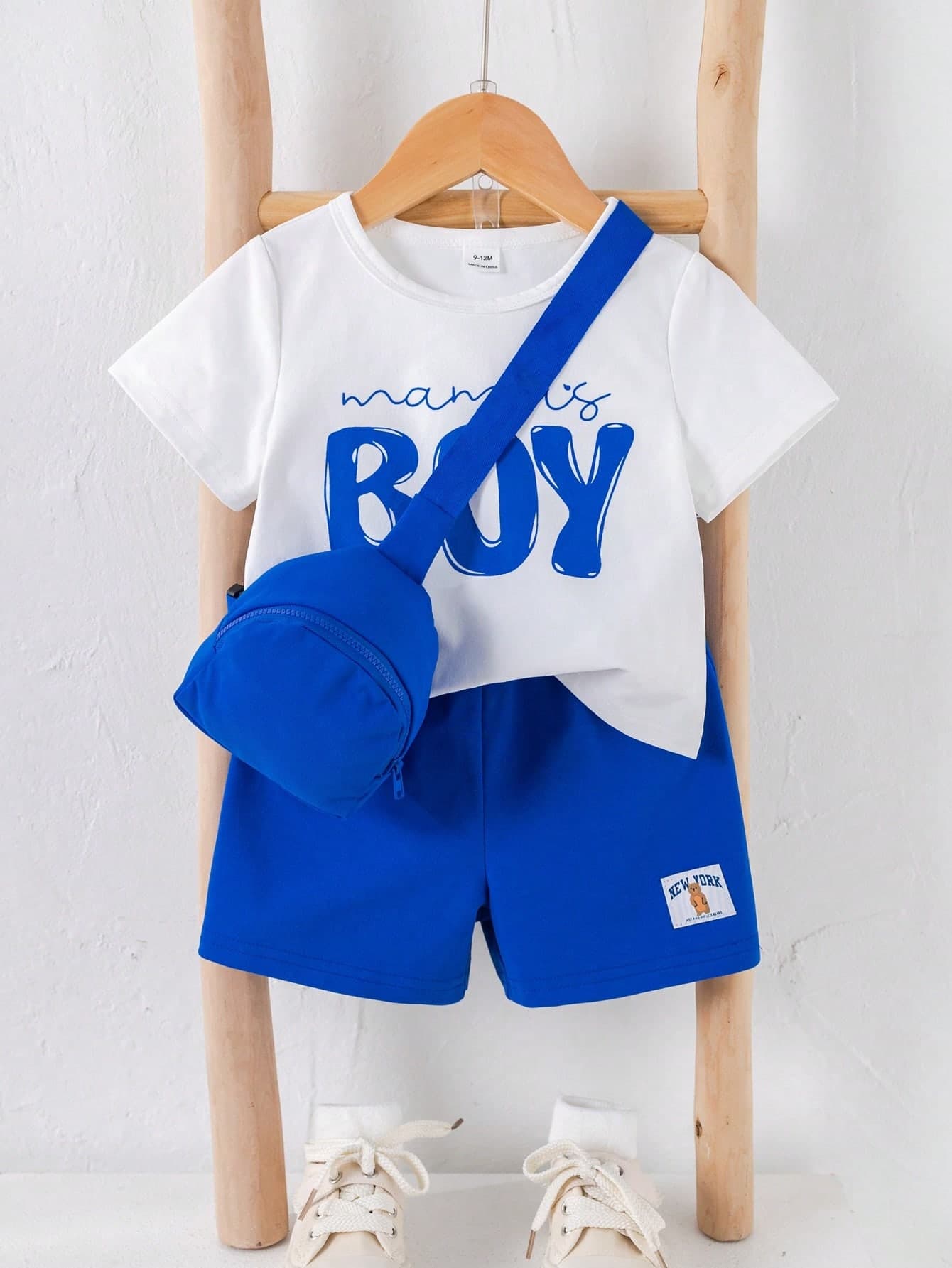 SHEIN 3pcs/Set Baby Boy Casual Cute White T-Shirt Knit Top,Navy Blue Crossbody Bag And Shorts,Summer,Beach,Blue White Stripe,Mothers Day Outfit,Squishy Set