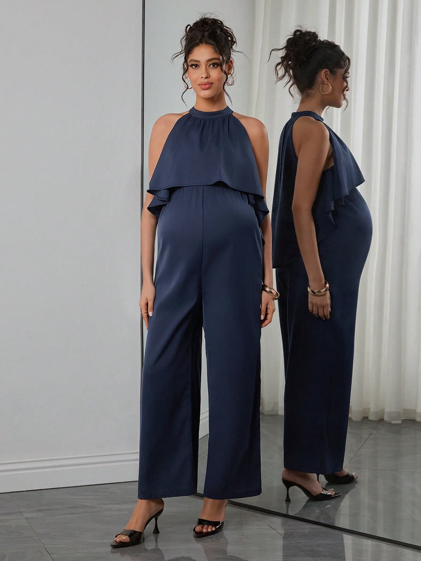 SHEIN Maternity Casual Solid Color Halter Jumpsuit, Suitable For Summer Daily Wear