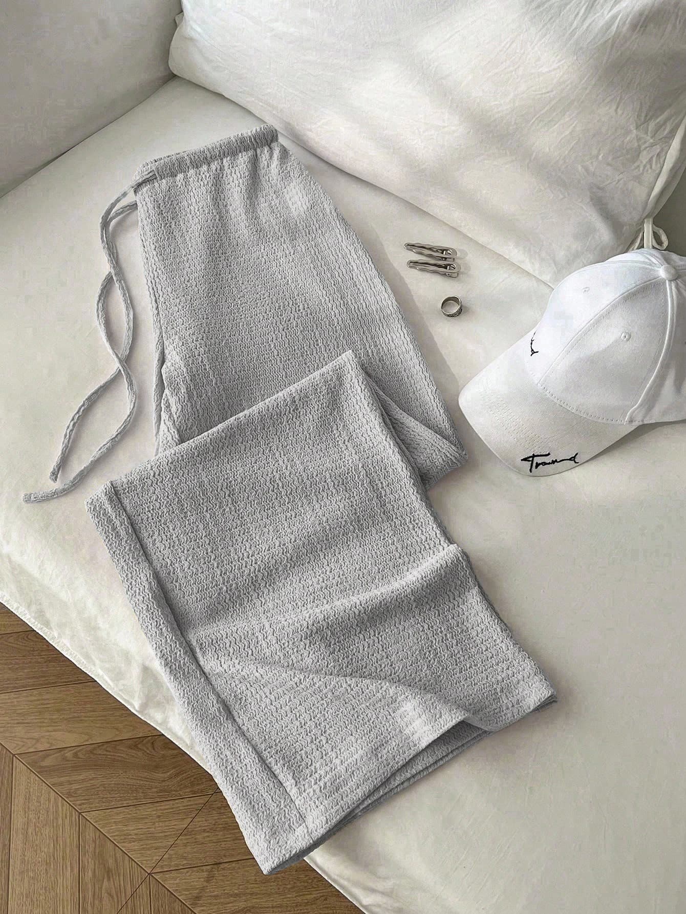 Flirla Light Grey Summer Casual Loungewear Women's Vintage Textured Relaxed Elastic Waist Pants,Minimalist Commuter Straight Leg Flowy Trousers