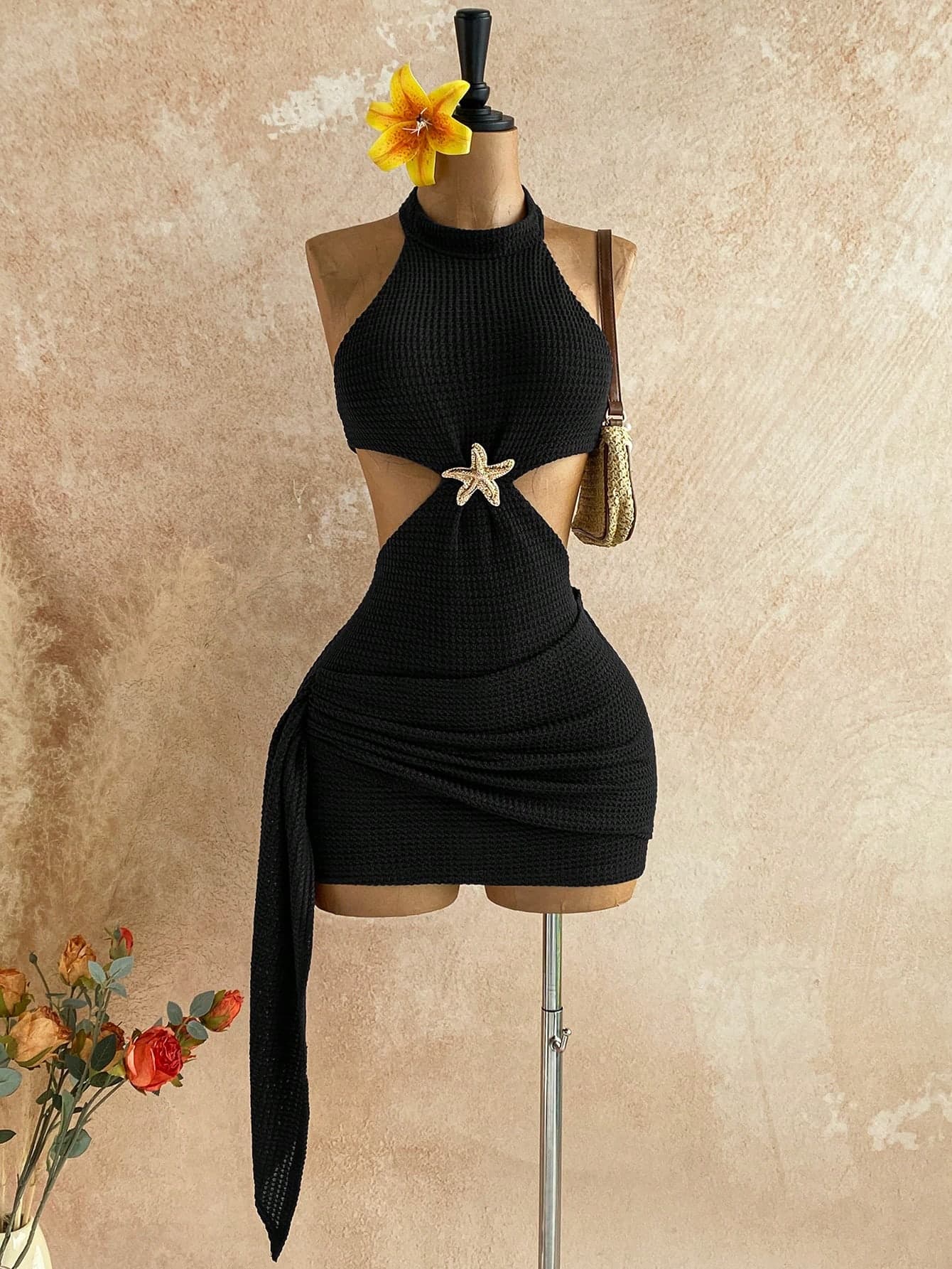 Soleia New Vacation Halter Hollow Out Waist Tie Wrap Slim Fit Mini Dress, Bohemian, Boho, Vacation, Fall Women Clothes, Vintage, Holiday