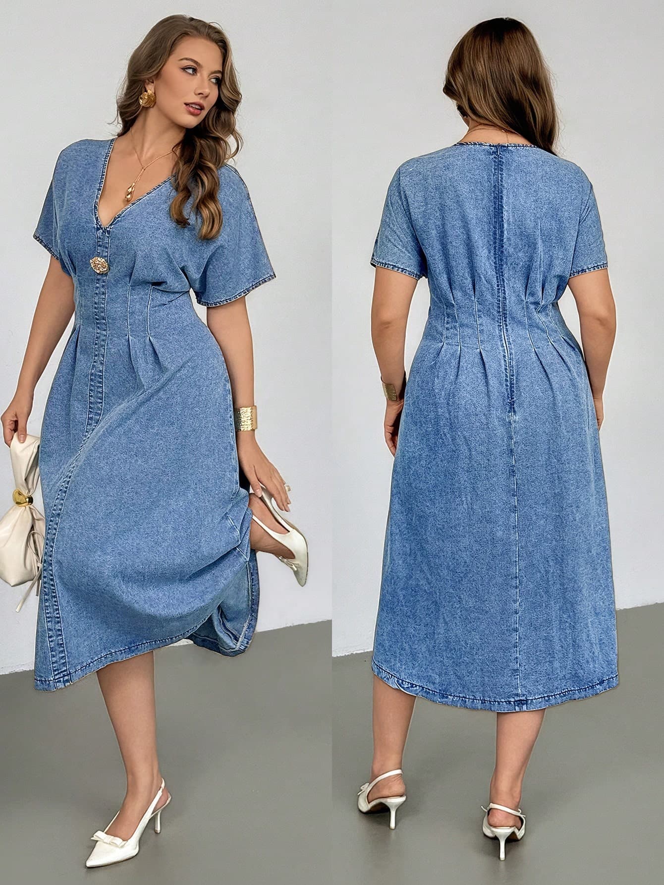 Auralis Plus Size Women Light Blue V-Neck Short Sleeve Metal 3D Floral Decor Denim Dress,Summer Smart Casual Pleated Washed Jean Midi Dresses For Vacation