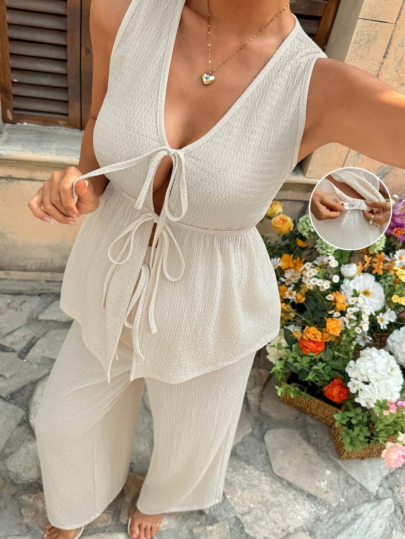 SHEIN 2pcs Maternity Vacation Solid Color Front Tie Vest And Adjustable Waist Wide Leg Pants Casual Suit Beach Summer