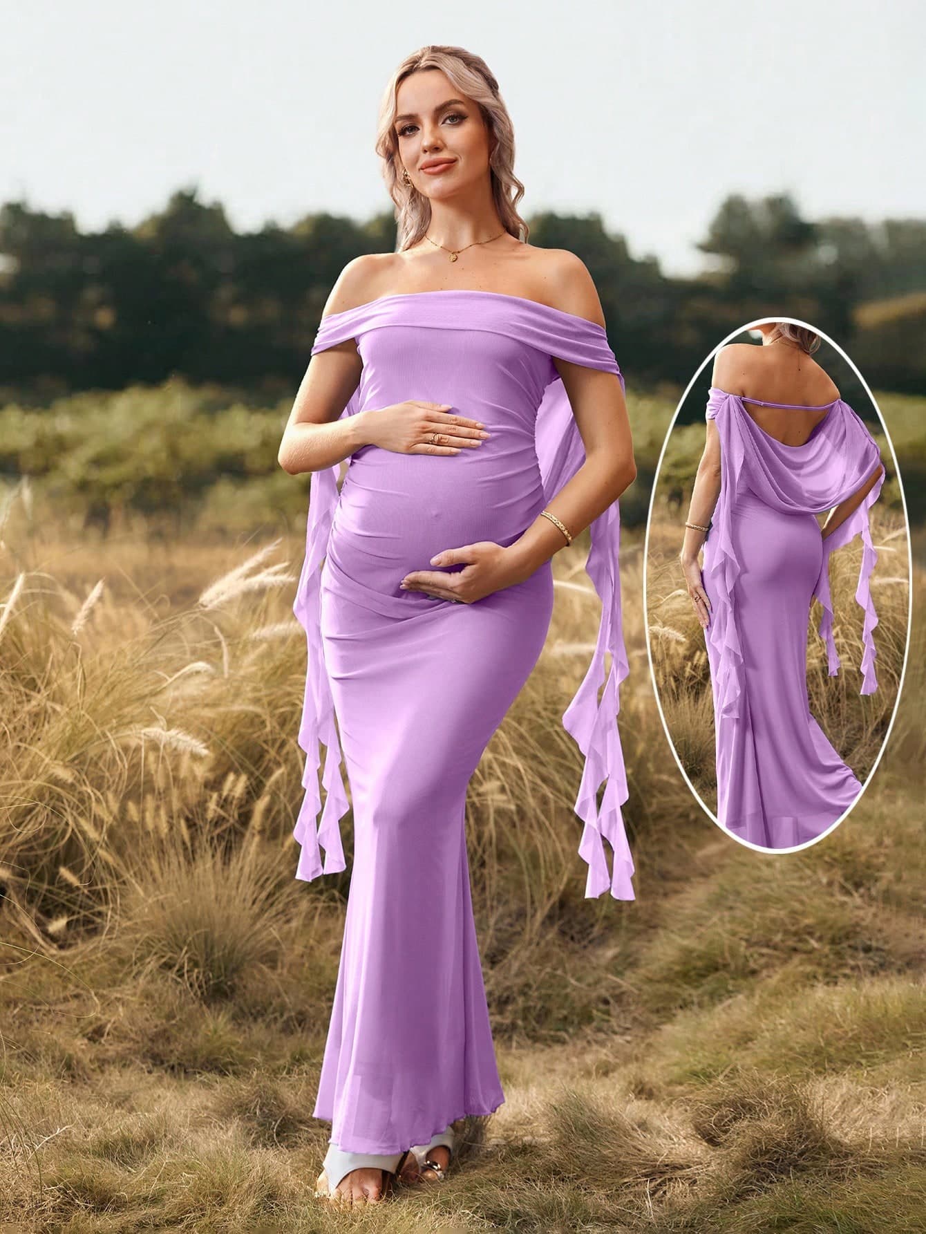Cheriluna Maternity Solid Color Off-Shoulder Backless Maxi Maternity Dress, Suitable For Christmas Party, Elegant Party, Baby Shower