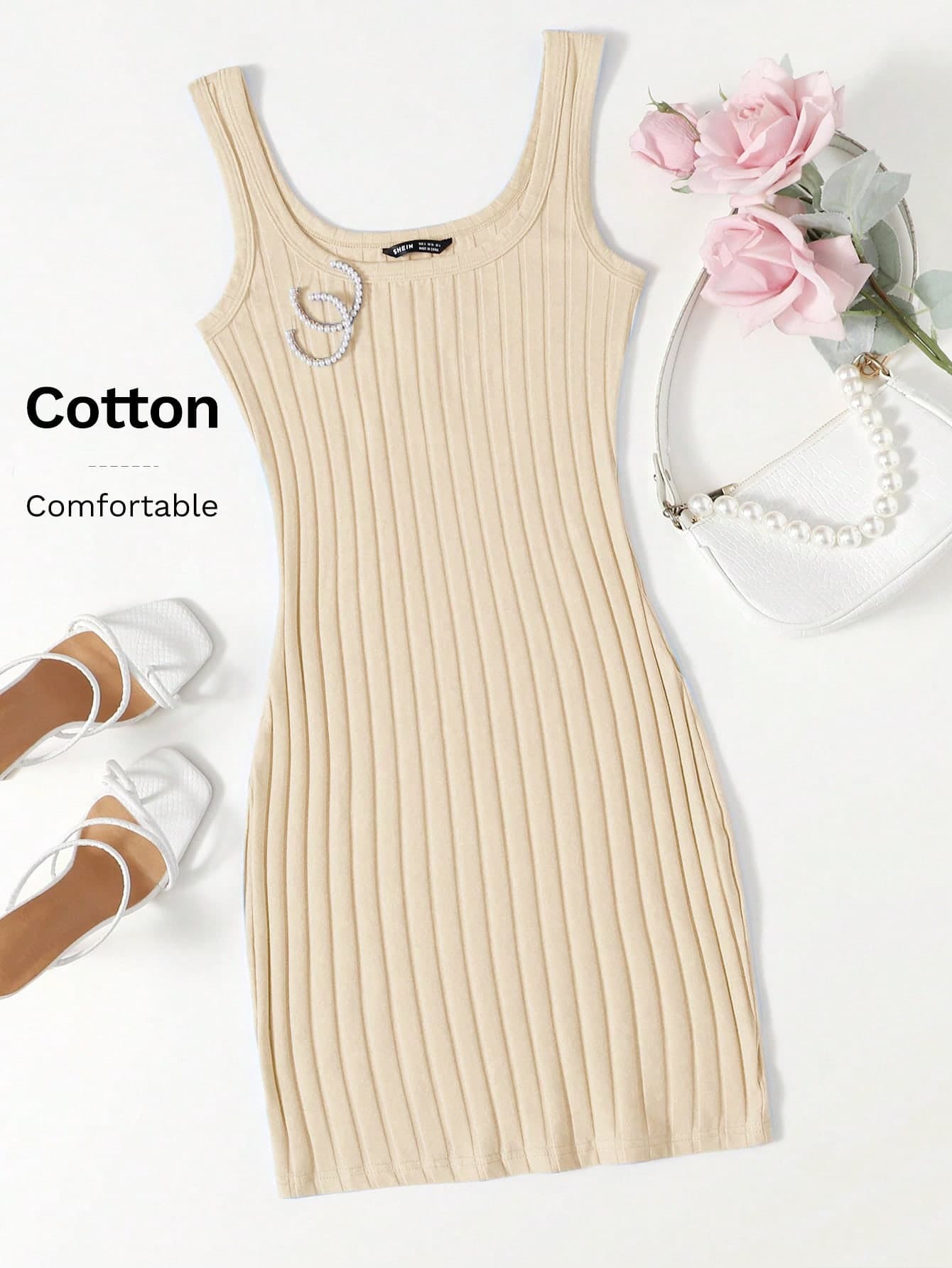 SHEIN Essnce Solid Color Ribbed Knit Sleeveless Scoop Neck Dress