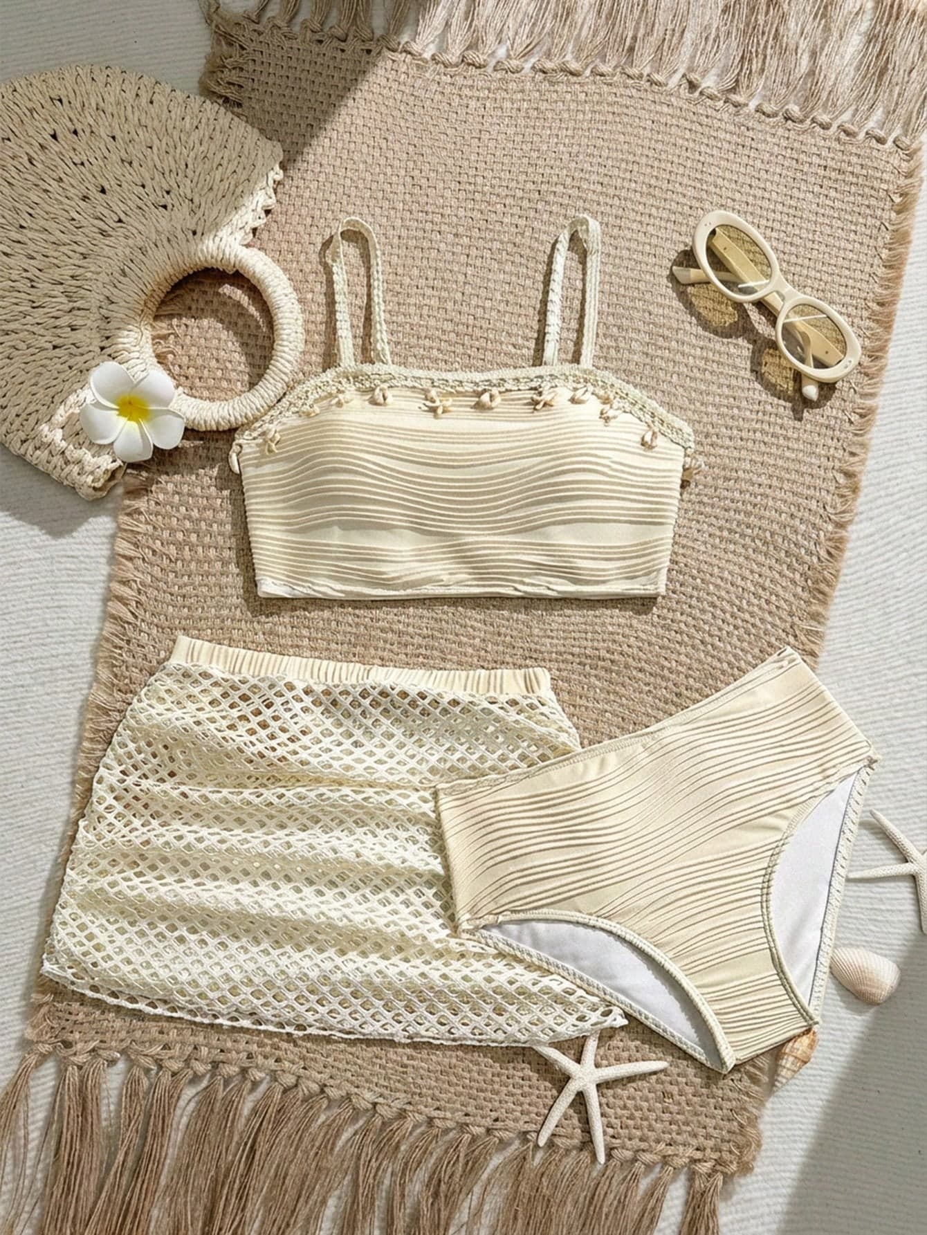 SHEIN Tween Girl White Summer Casual Beach Holiday Vacation Bikini Set,3 Pieces Shell Decor Strapless Top,High-Waisted Briefs & Mesh Skirt Swimwear Set