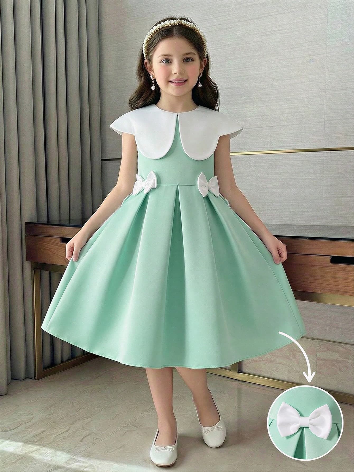 SHEIN Young Girls Sage Green Summer Elegant Flower Girl Dress, Sleeveless Peter Pan Collar Princess Gown With Bows, Sweet Girly Style Loose Skirt Outfits
